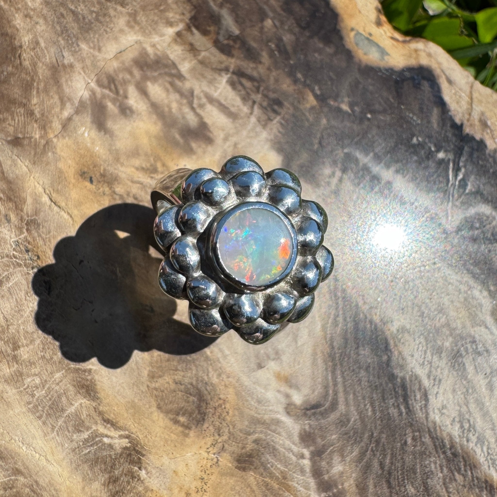 Moonlit Bloom ~ 0.60ct Lightning Ridge Solid Opal Ring – Sterling Silver Blossom.