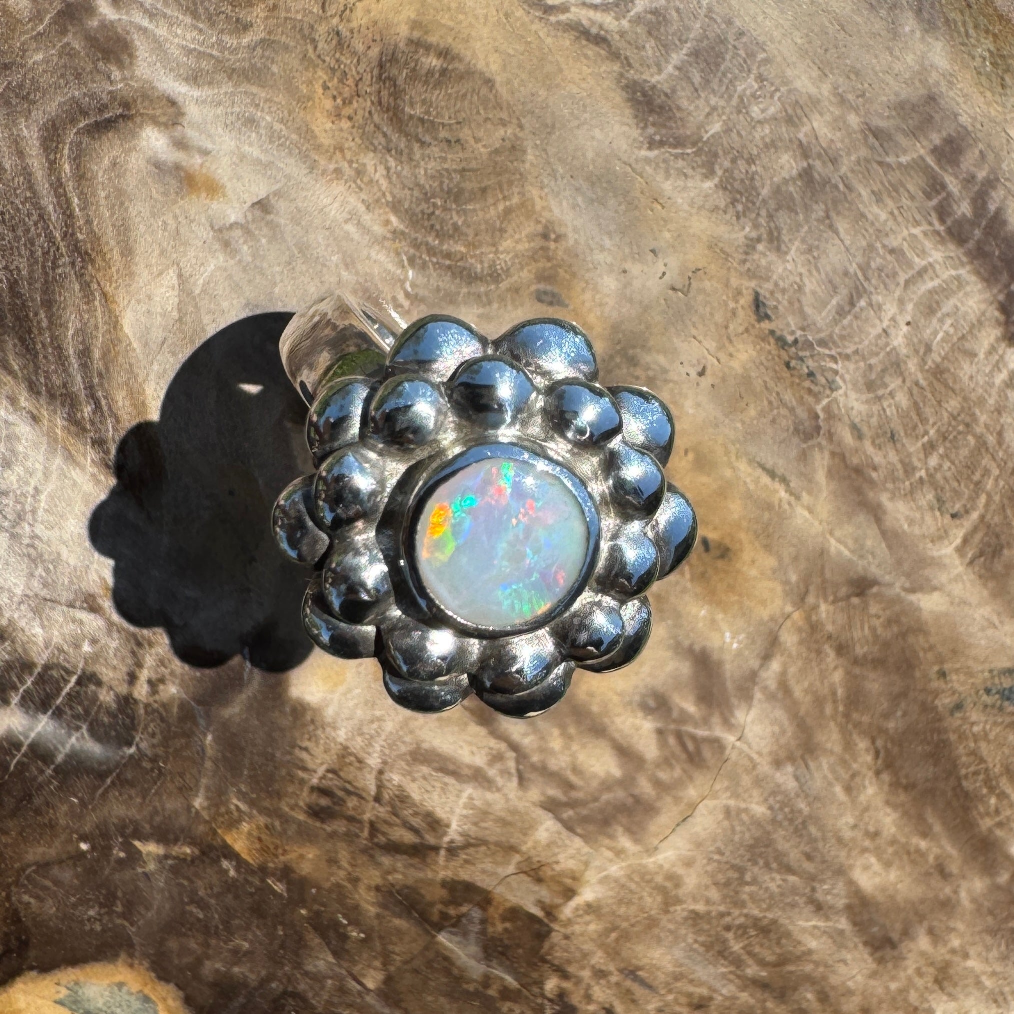 Moonlit Bloom ~ 0.60ct Lightning Ridge Solid Opal Ring – Sterling Silver Blossom.