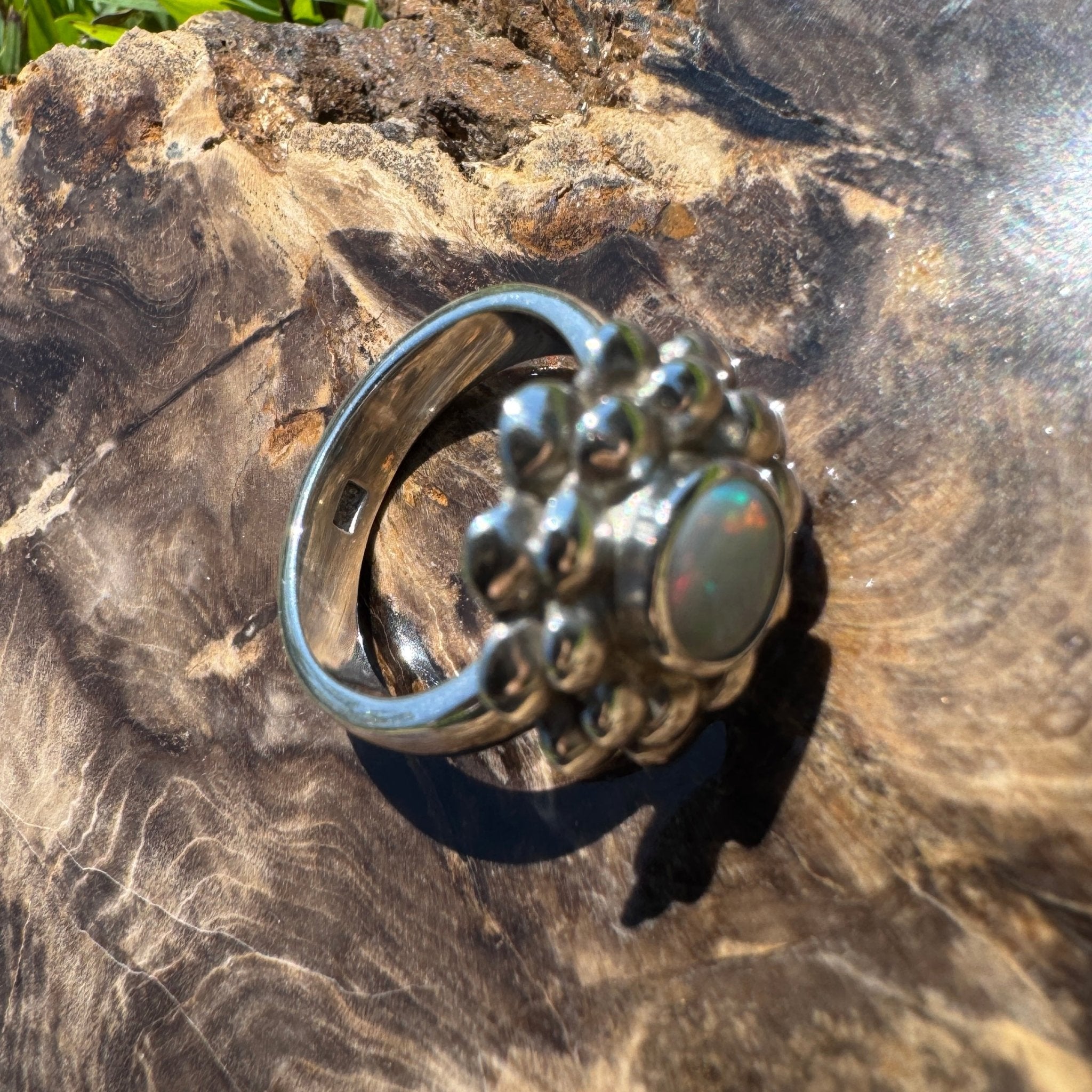 Moonlit Bloom ~ 0.60ct Lightning Ridge Solid Opal Ring – Sterling Silver Blossom.