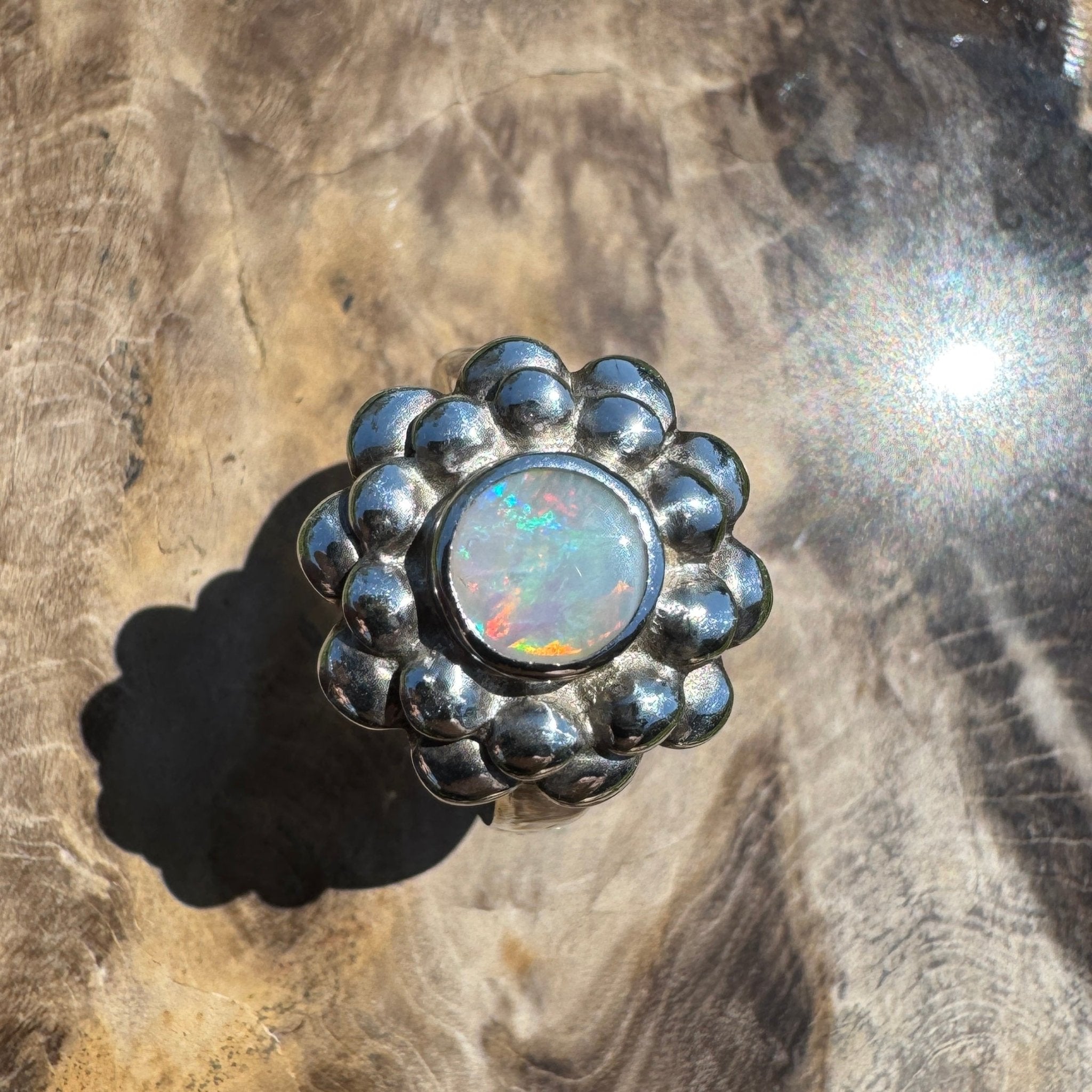 Moonlit Bloom ~ 0.60ct Lightning Ridge Solid Opal Ring – Sterling Silver Blossom.
