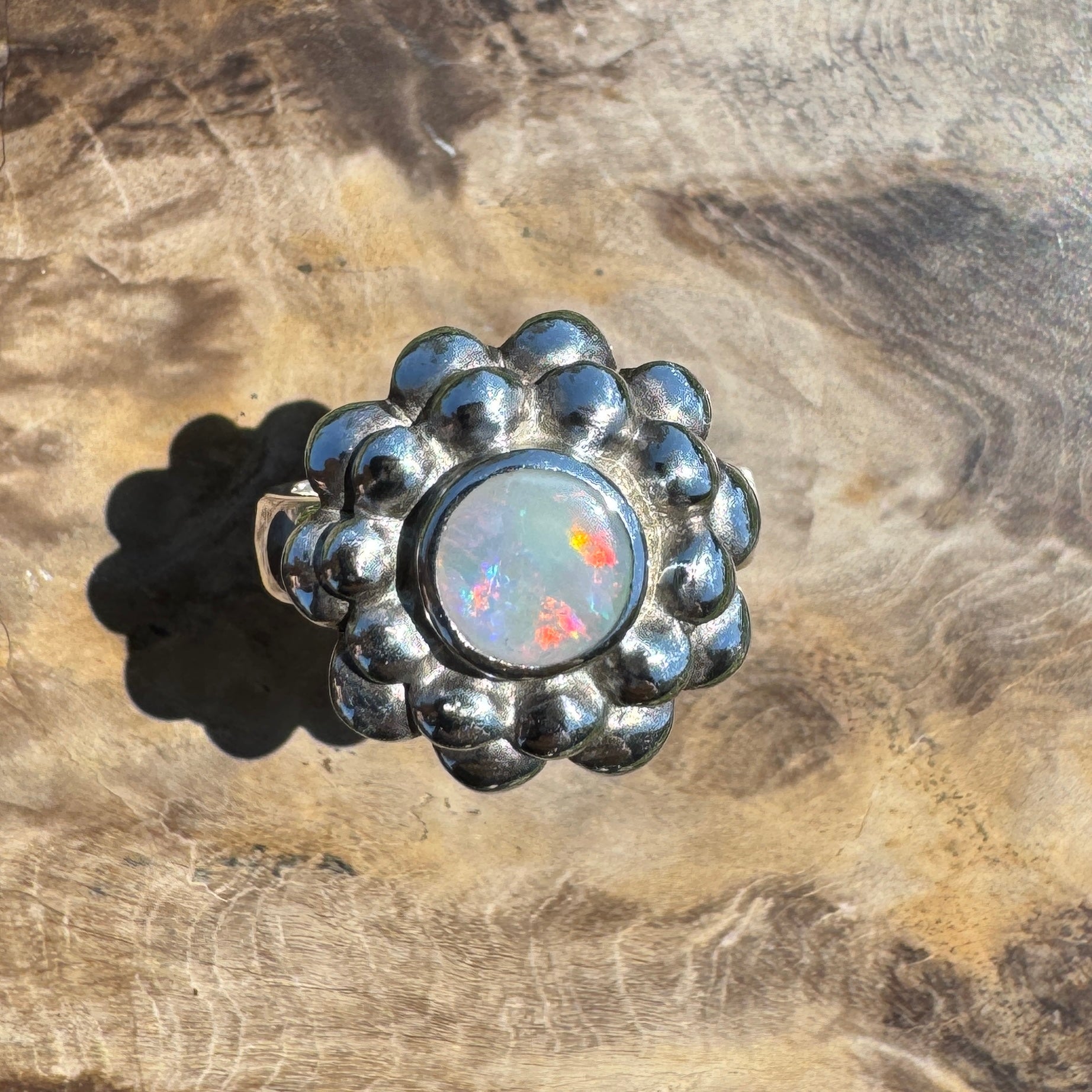 Moonlit Bloom ~ 0.60ct Lightning Ridge Solid Opal Ring – Sterling Silver Blossom.
