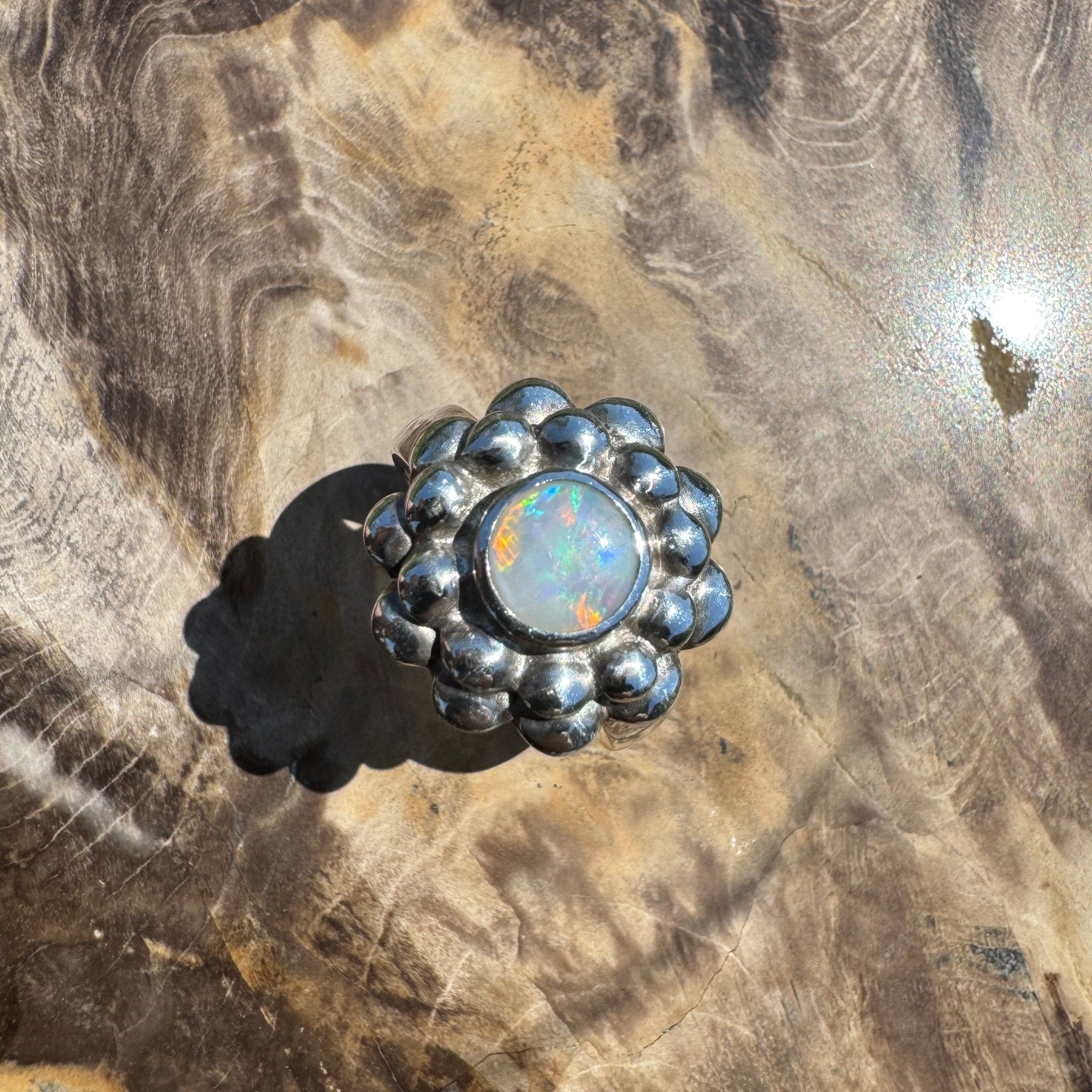 Moonlit Bloom ~ 0.60ct Lightning Ridge Solid Opal Ring – Sterling Silver Blossom.