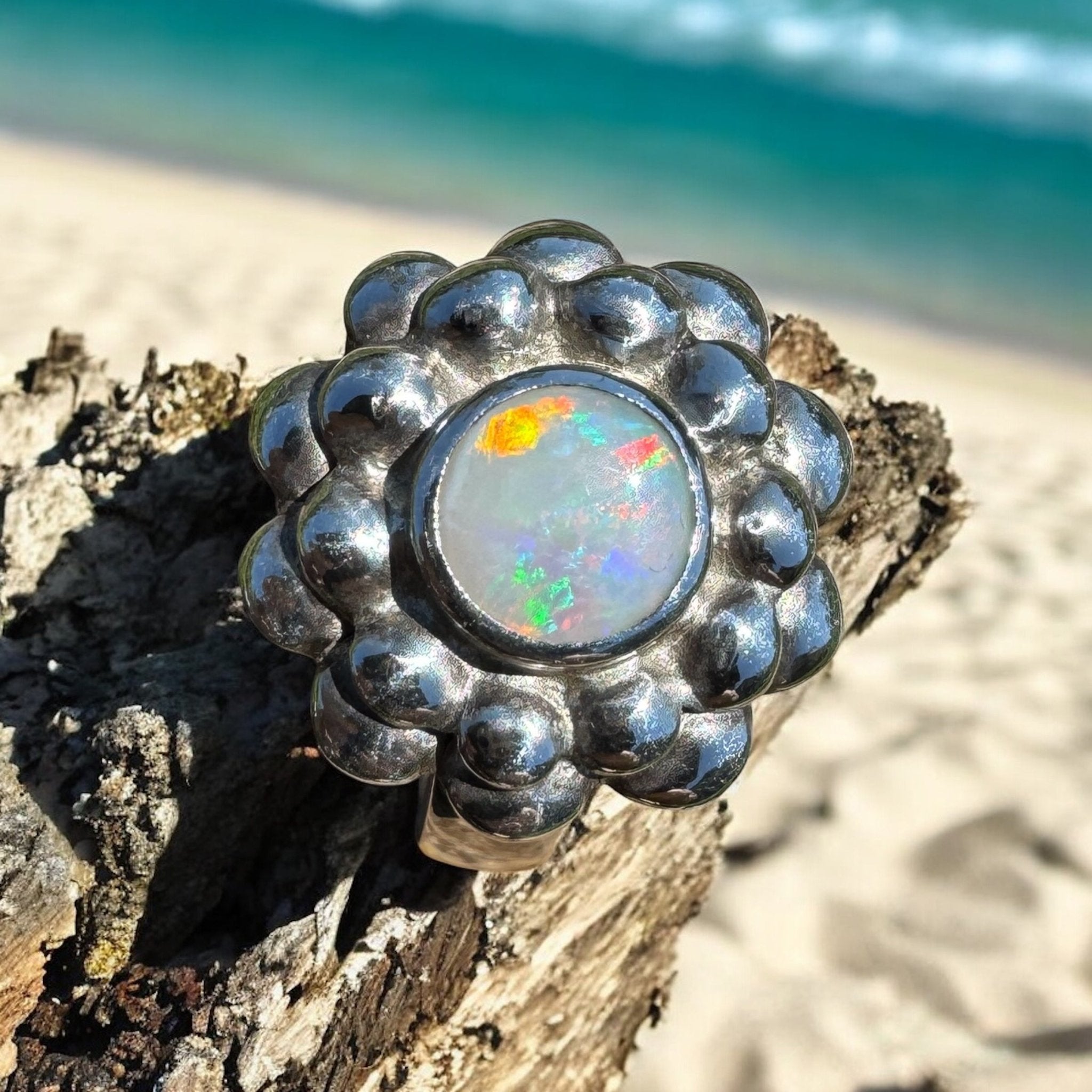 Moonlit Bloom ~ 0.60ct Lightning Ridge Solid Opal Ring – Sterling Silver Blossom.