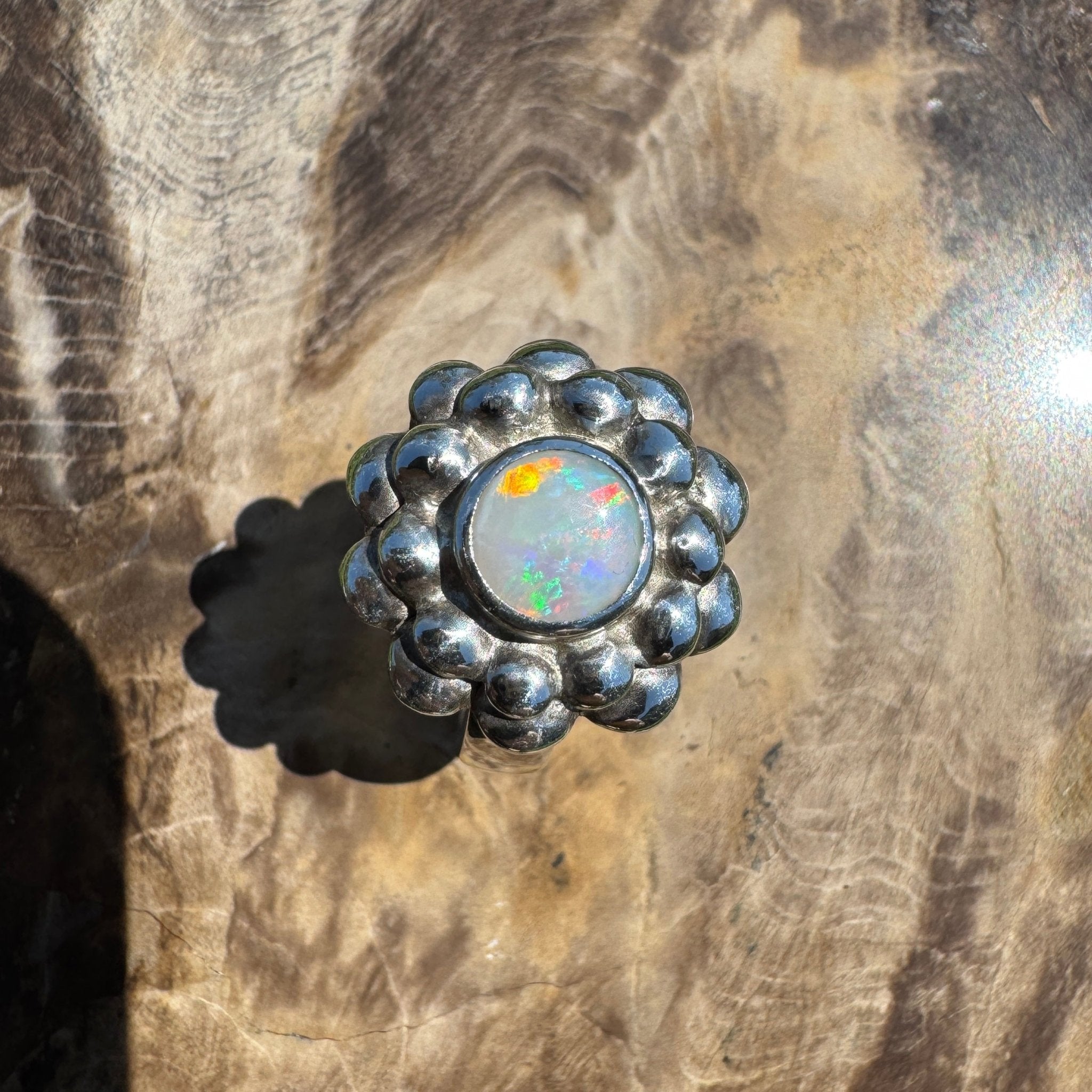 Moonlit Bloom ~ 0.60ct Lightning Ridge Solid Opal Ring – Sterling Silver Blossom.