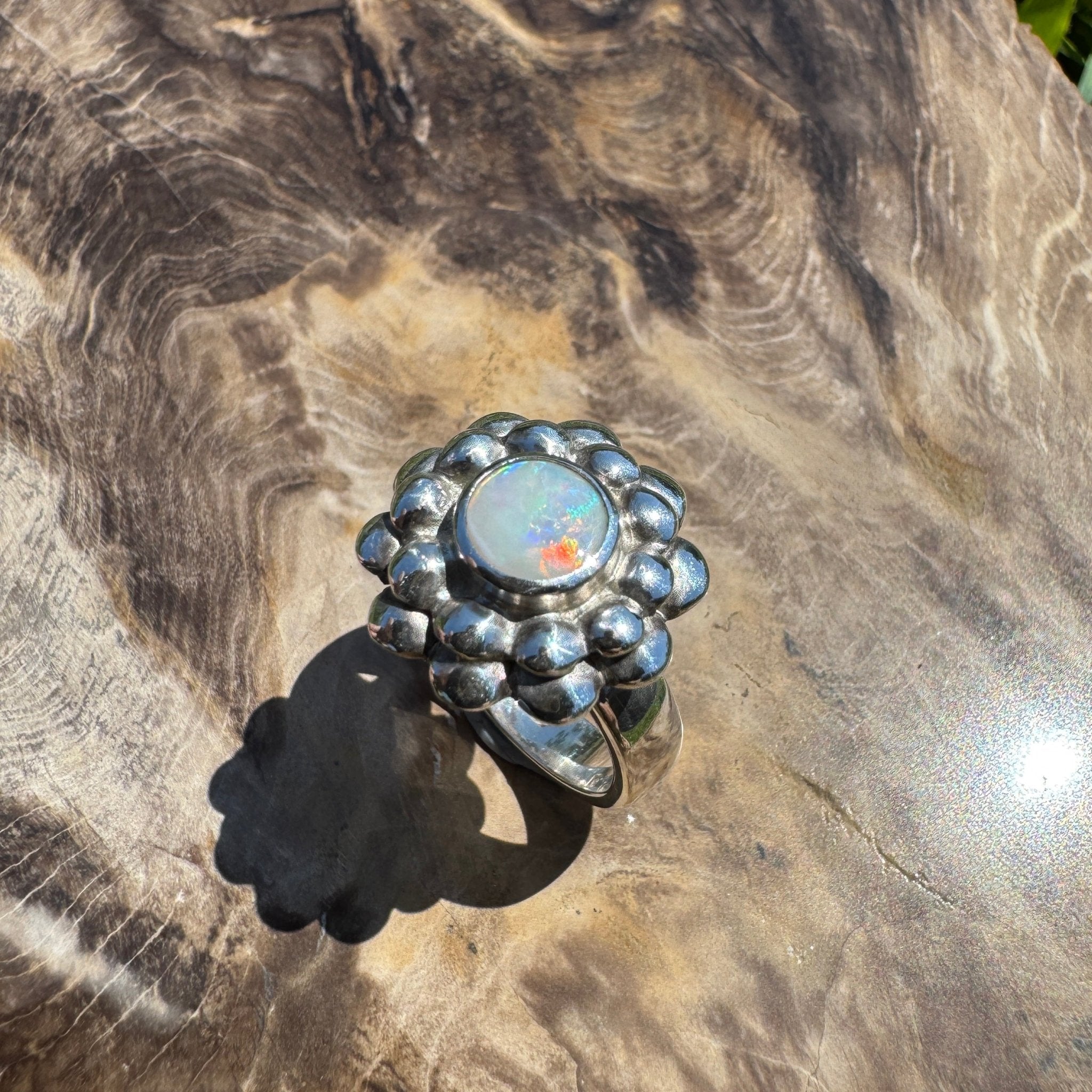 Moonlit Bloom ~ 0.60ct Lightning Ridge Solid Opal Ring – Sterling Silver Blossom.