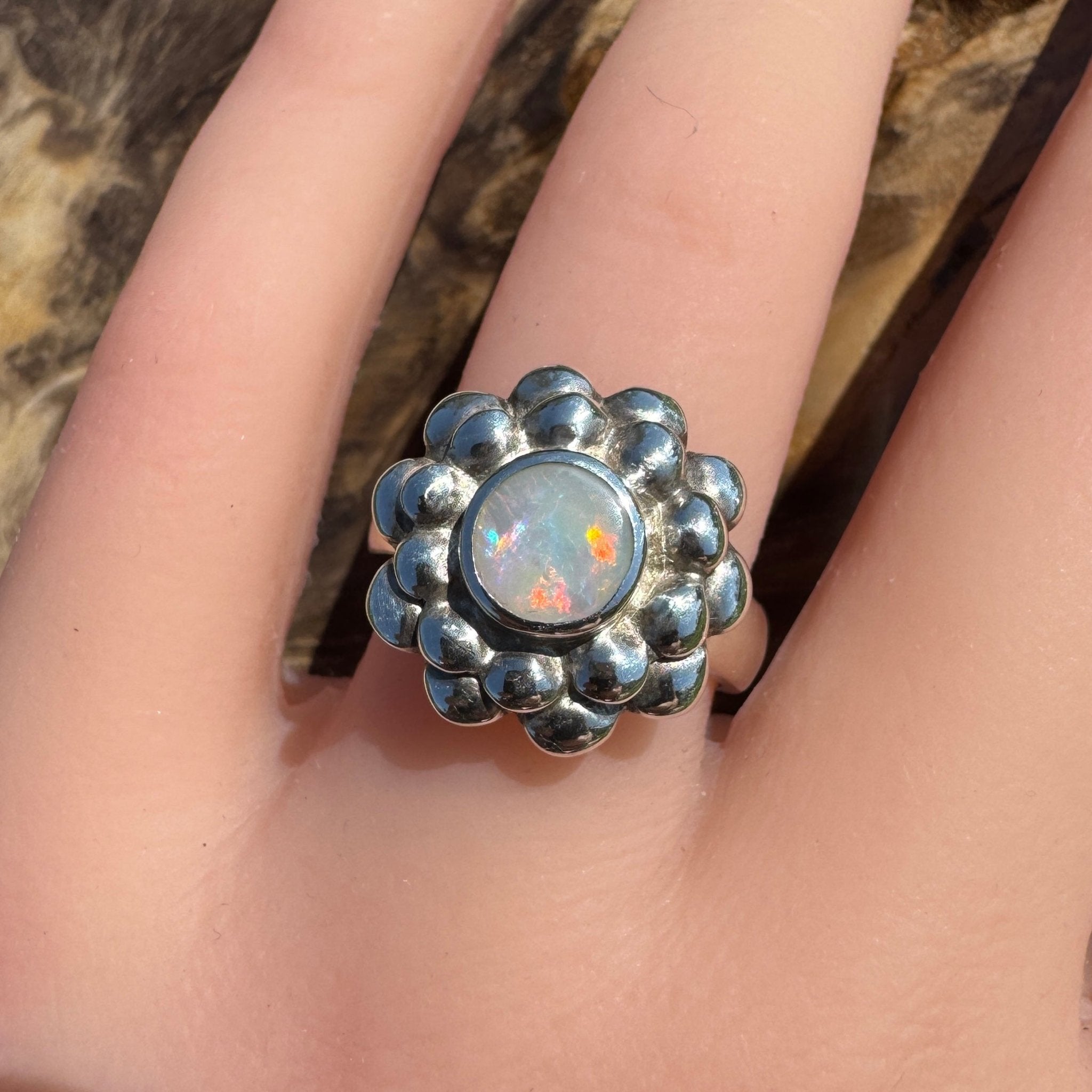 Moonlit Bloom ~ 0.60ct Lightning Ridge Solid Opal Ring – Sterling Silver Blossom.