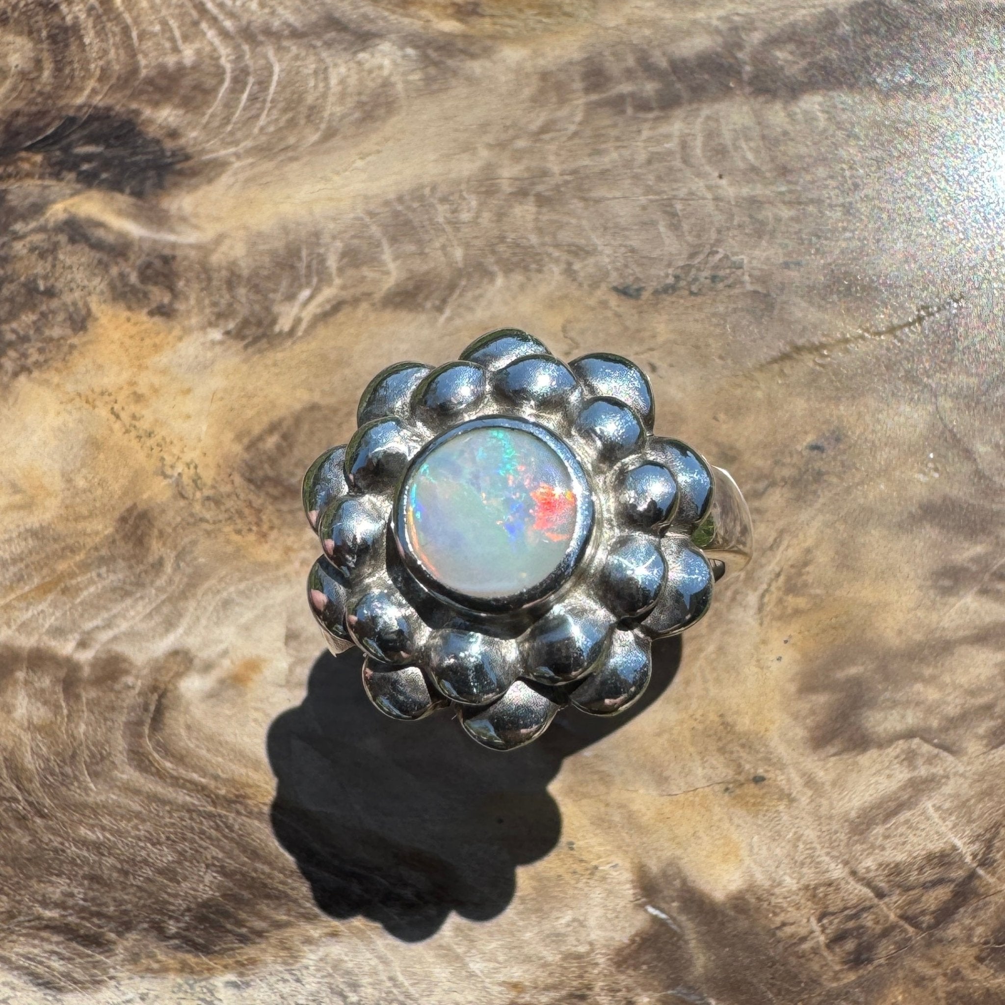 Moonlit Bloom ~ 0.60ct Lightning Ridge Solid Opal Ring – Sterling Silver Blossom.