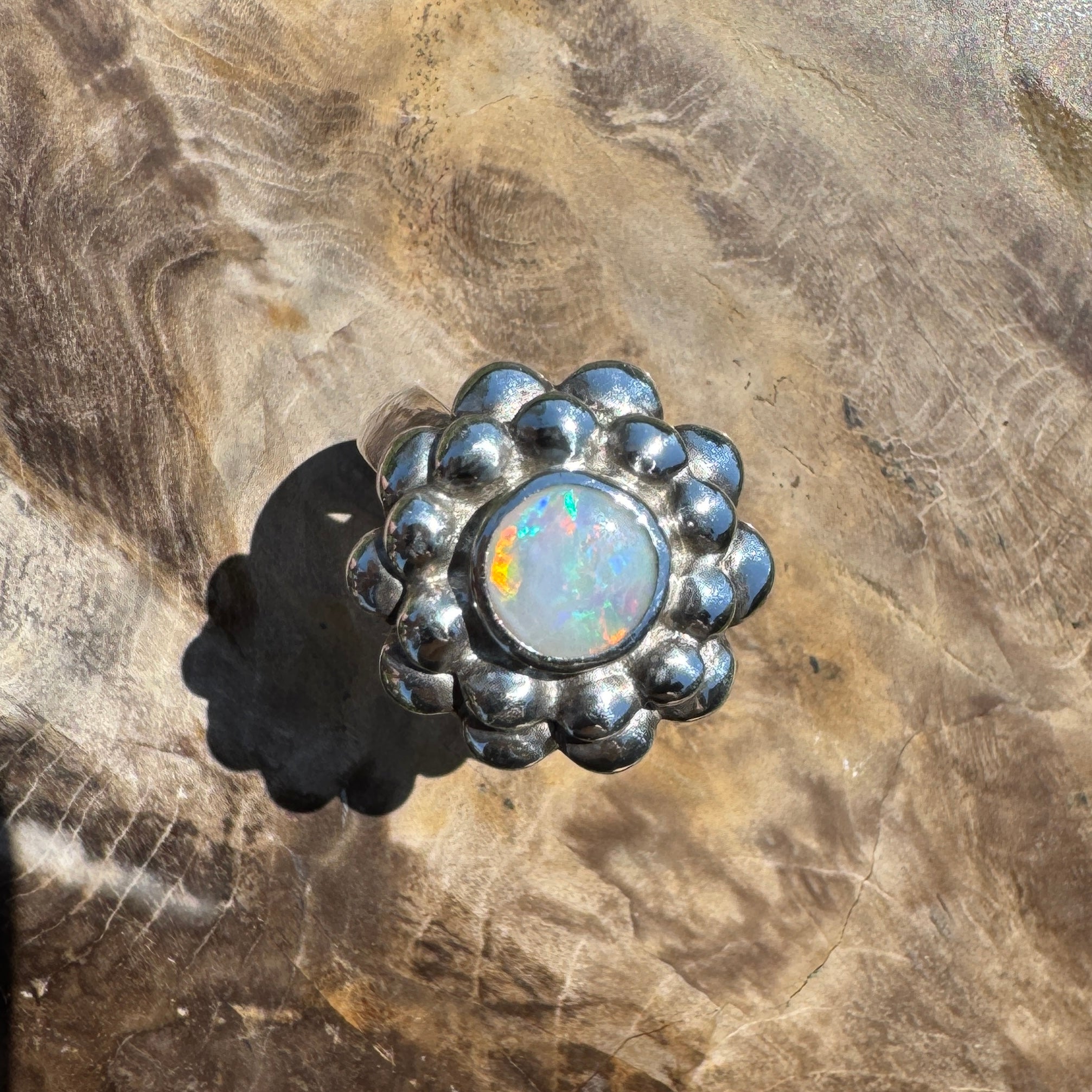 Moonlit Bloom ~ 0.60ct Lightning Ridge Solid Opal Ring – Sterling Silver Blossom.