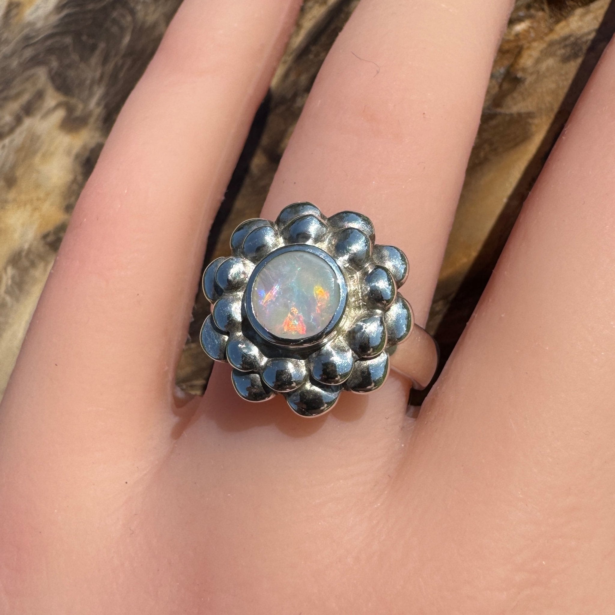 Moonlit Bloom ~ 0.60ct Lightning Ridge Solid Opal Ring – Sterling Silver Blossom.