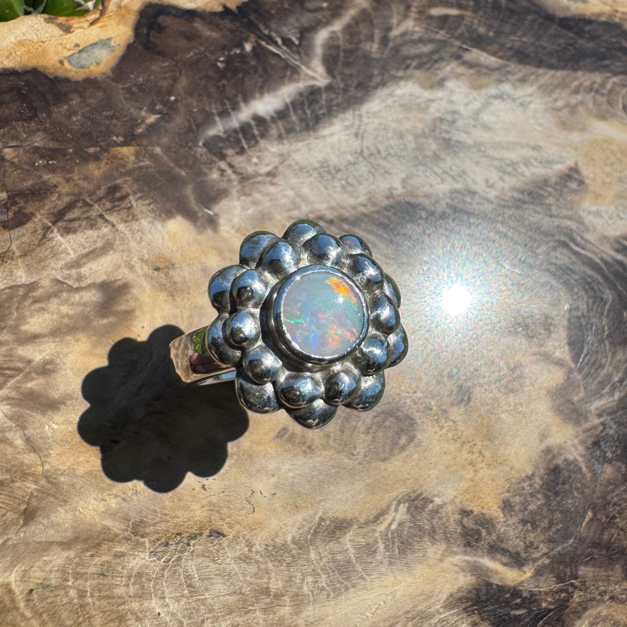Moonlit Bloom ~ 0.60ct Lightning Ridge Solid Opal Ring – Sterling Silver Blossom.
