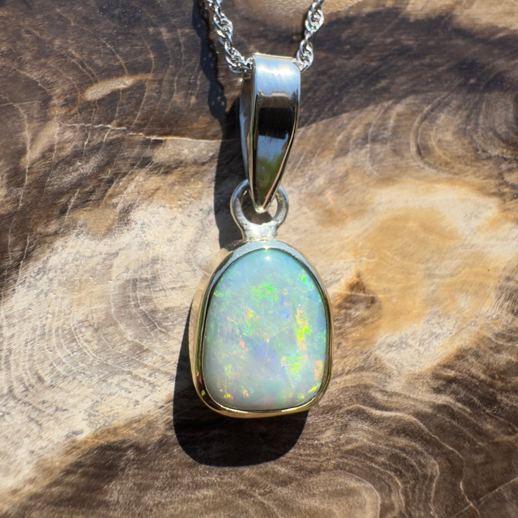 Mornington View ~ 4ct Solid Lightning Ridge Crystal Opal Two - tone 9ct Gold and 925 Sterling Silver Pendant Necklace