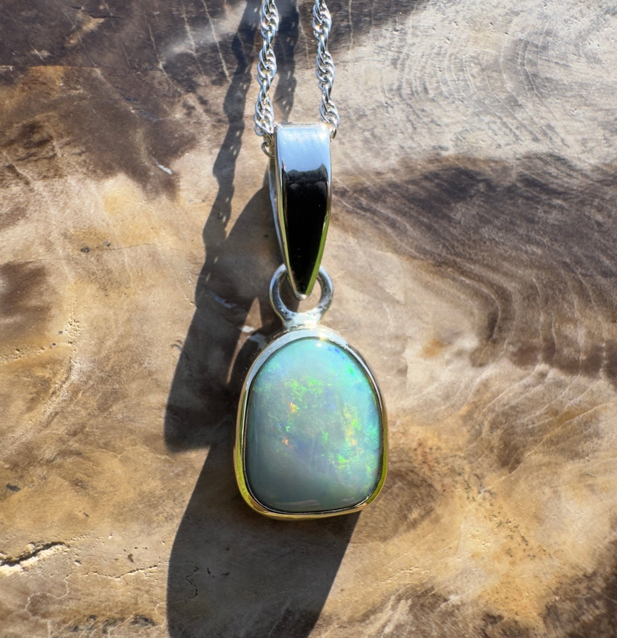 Mornington View ~ 4ct Solid Lightning Ridge Crystal Opal Two - tone 9ct Gold and 925 Sterling Silver Pendant Necklace