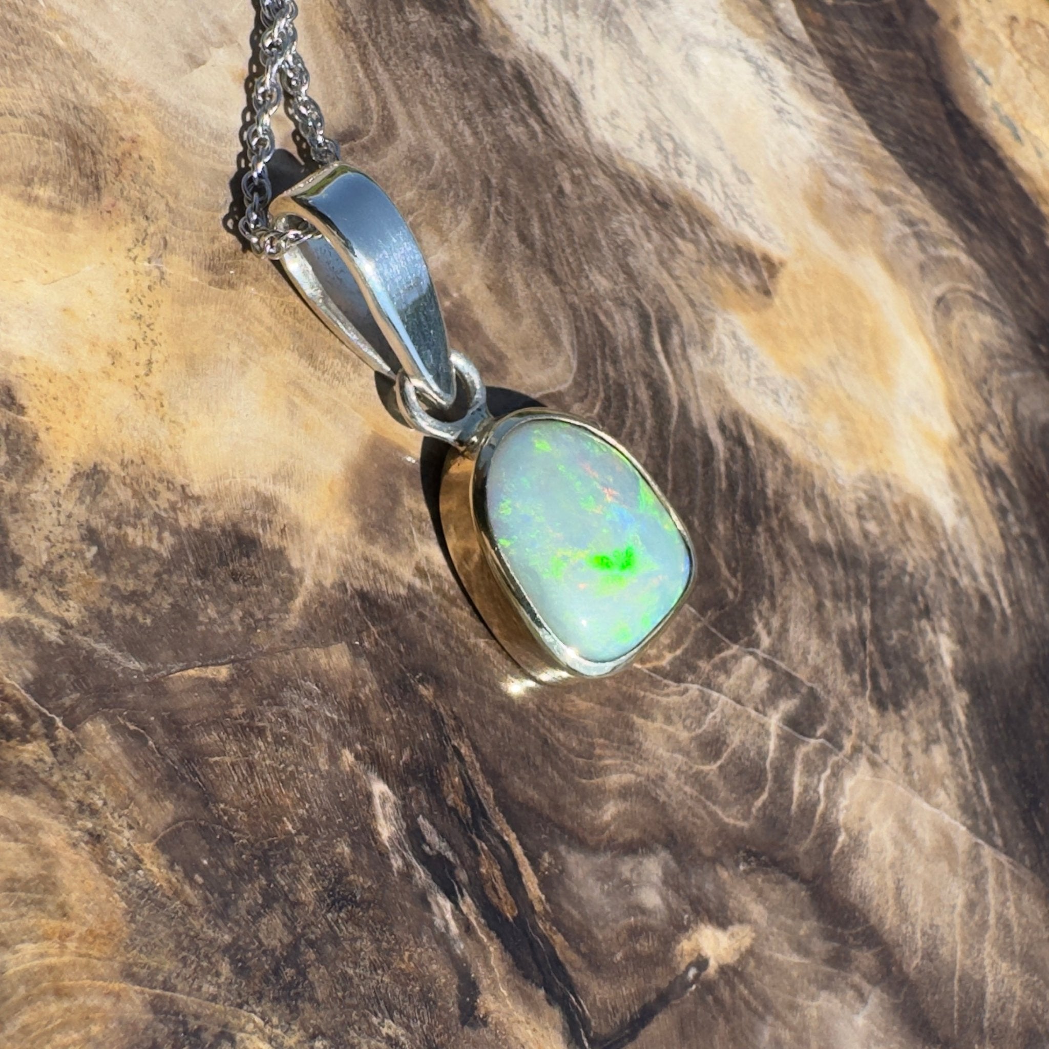 Mornington View ~ 4ct Solid Lightning Ridge Crystal Opal Two - tone 9ct Gold and 925 Sterling Silver Pendant Necklace