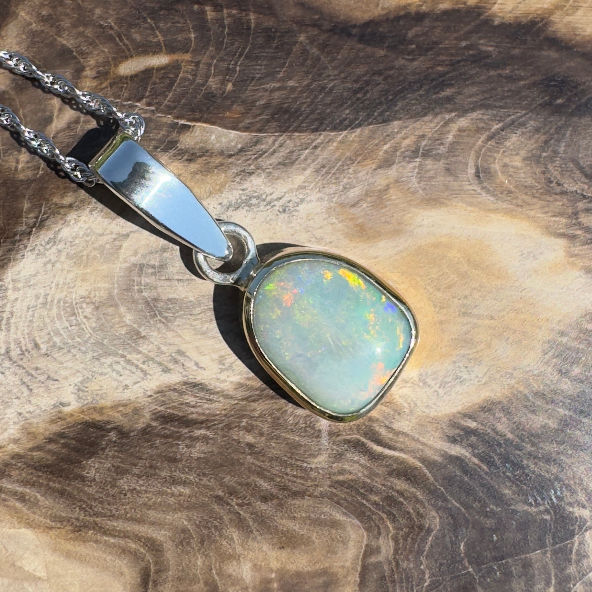 Mornington View ~ 4ct Solid Lightning Ridge Crystal Opal Two - tone 9ct Gold and 925 Sterling Silver Pendant Necklace