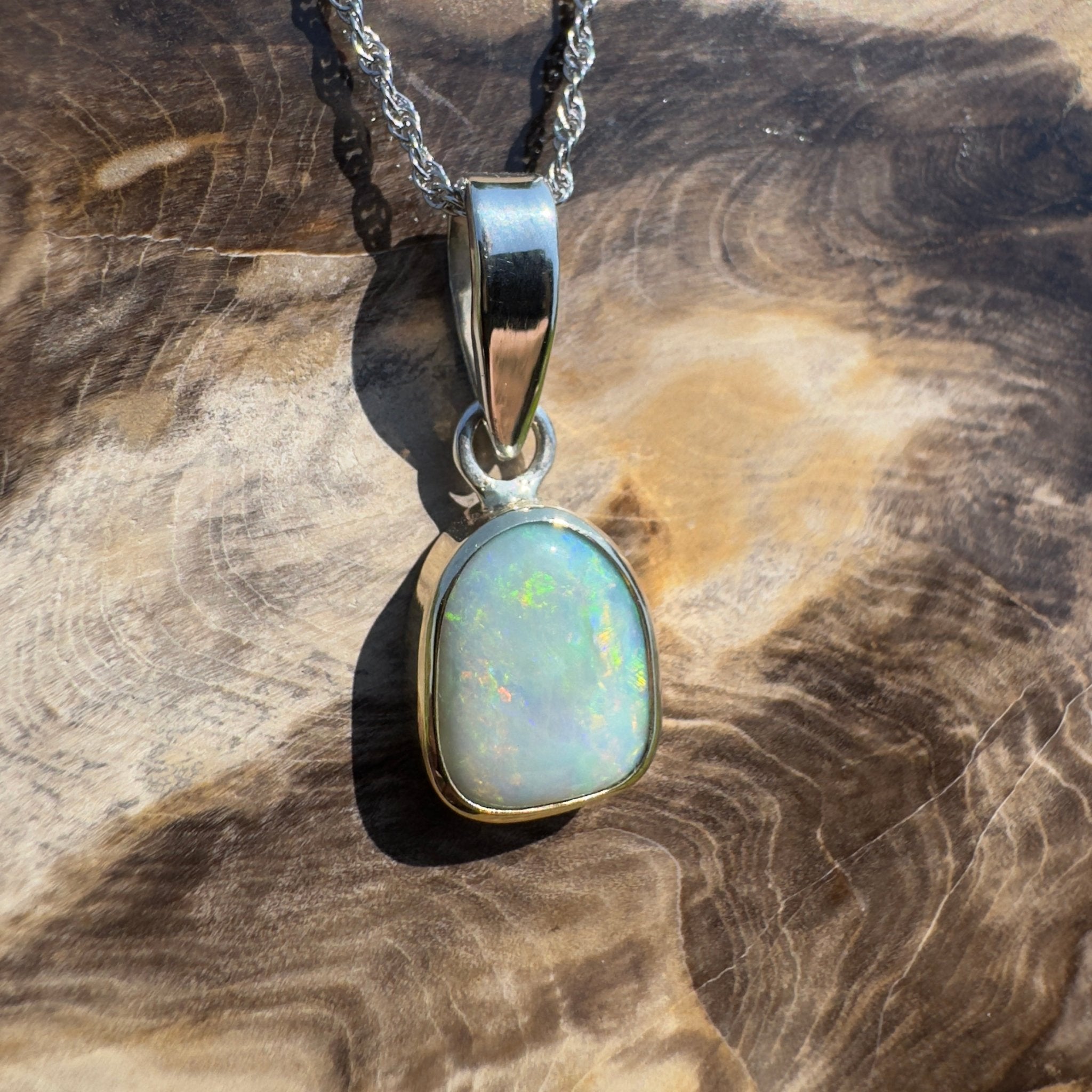 Mornington View ~ 4ct Solid Lightning Ridge Crystal Opal Two - tone 9ct Gold and 925 Sterling Silver Pendant Necklace