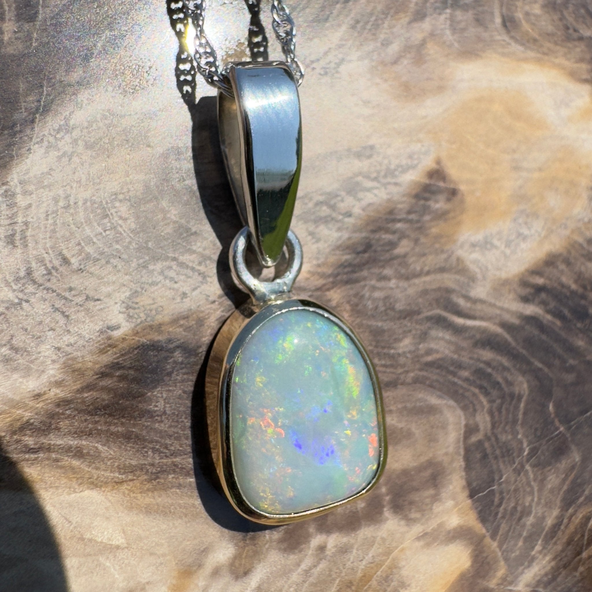 Mornington View ~ 4ct Solid Lightning Ridge Crystal Opal Two - tone 9ct Gold and 925 Sterling Silver Pendant Necklace