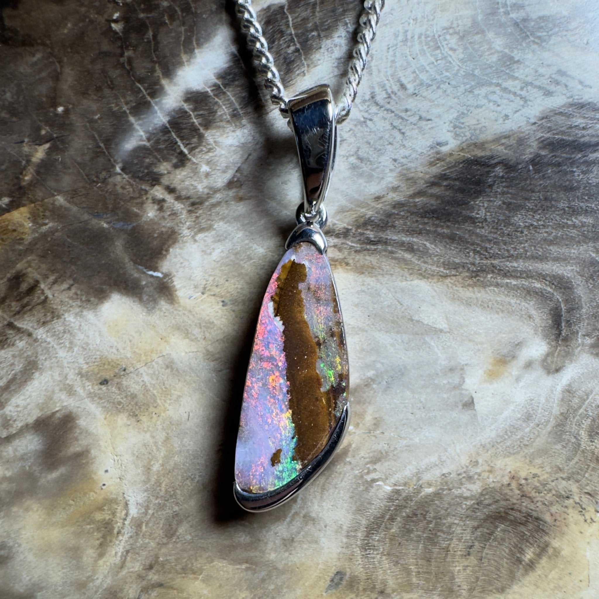 Mount Buffalo Blaze ~ Queensland Boulder Opal 925 Sterling Silver Pendant Necklace