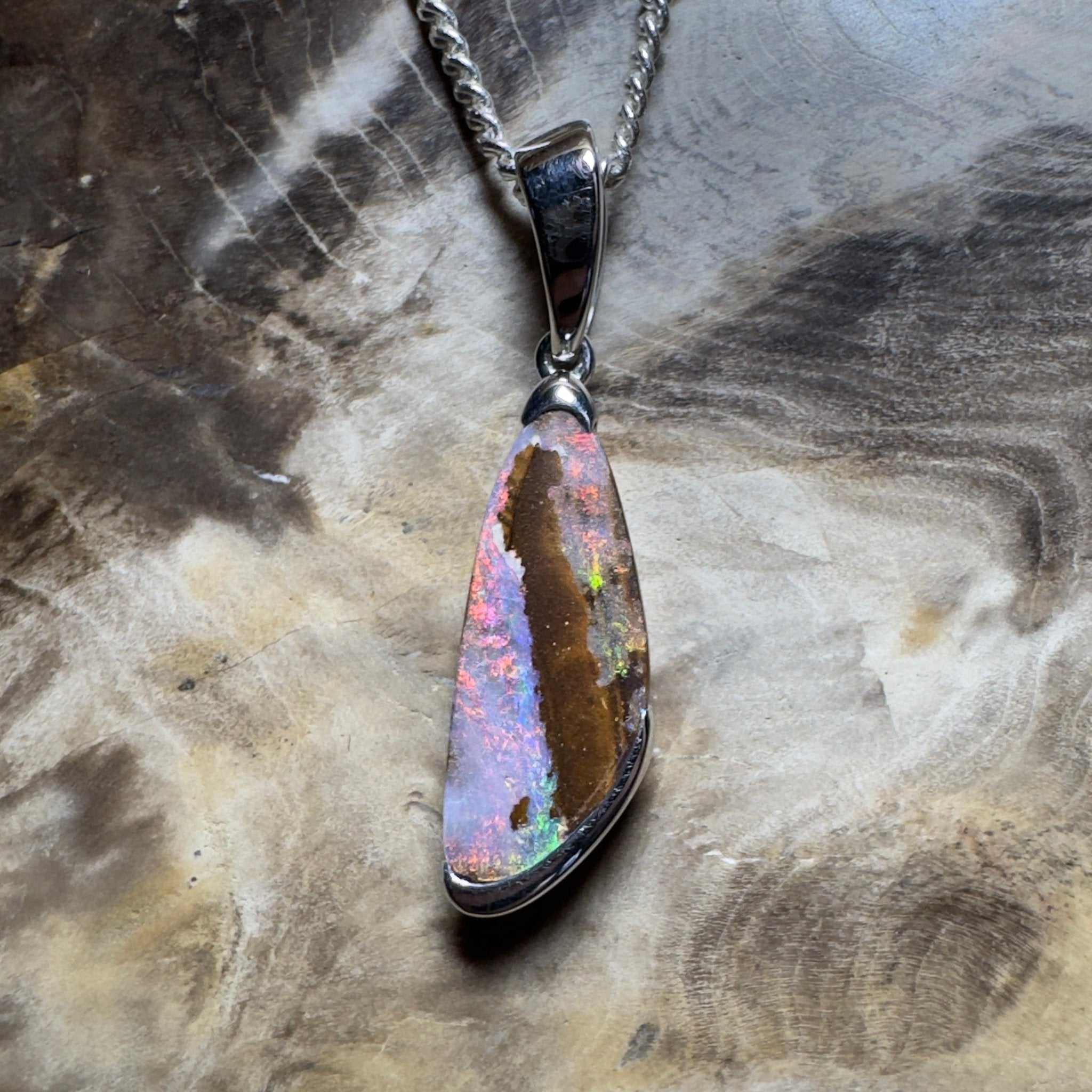 Mount Buffalo Blaze ~ Queensland Boulder Opal 925 Sterling Silver Pendant Necklace