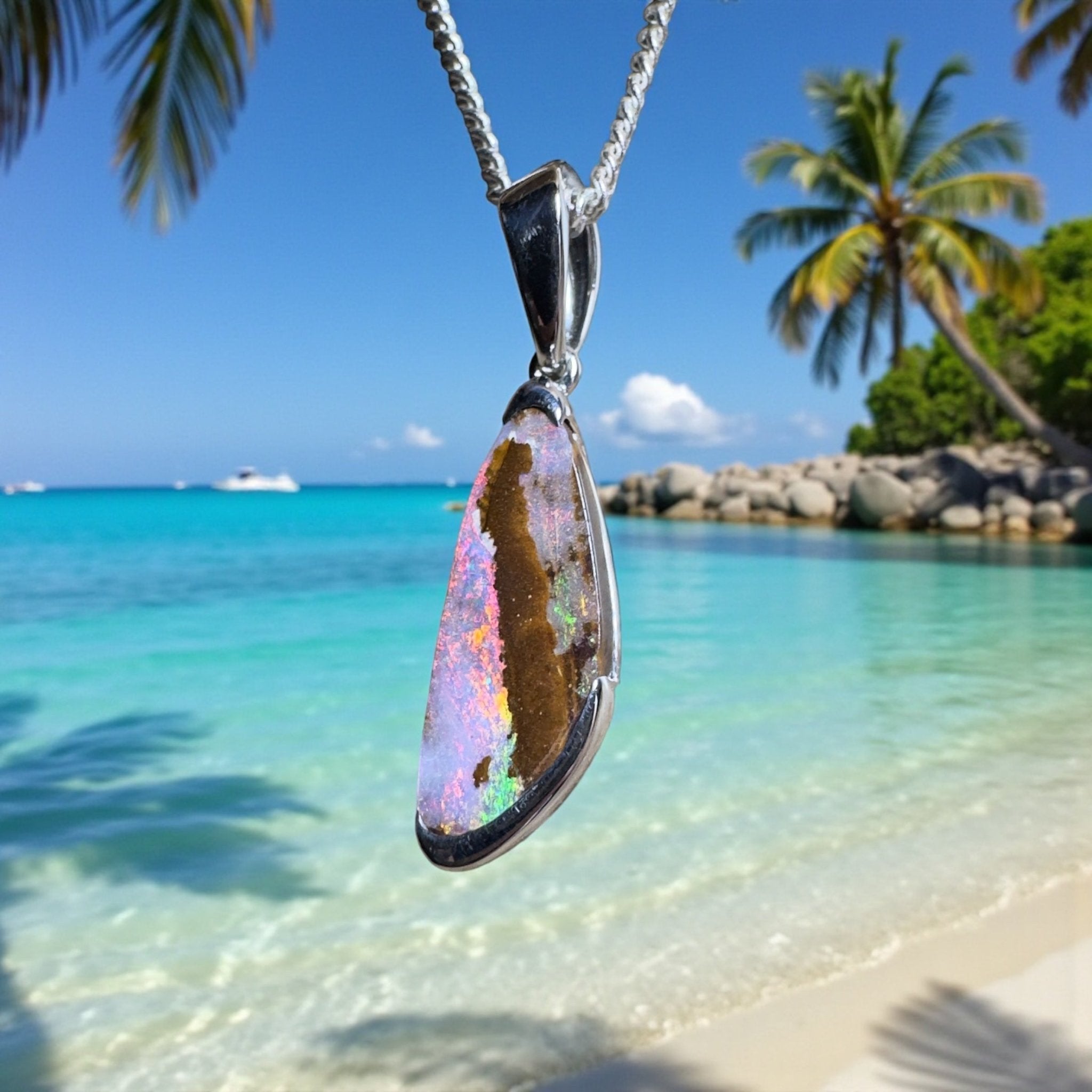 Mount Buffalo Blaze ~ Queensland Boulder Opal 925 Sterling Silver Pendant Necklace