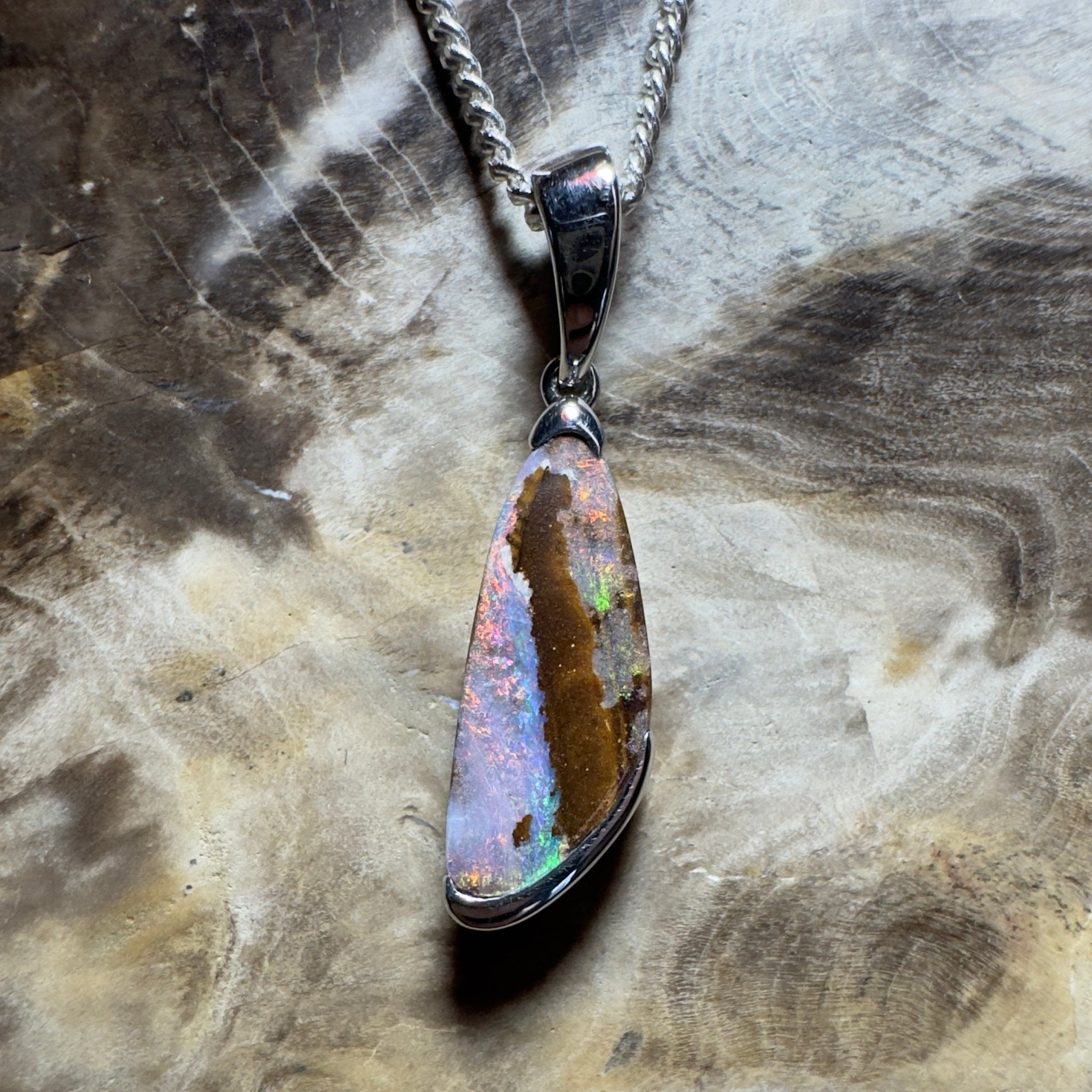 Mount Buffalo Blaze ~ Queensland Boulder Opal 925 Sterling Silver Pendant Necklace