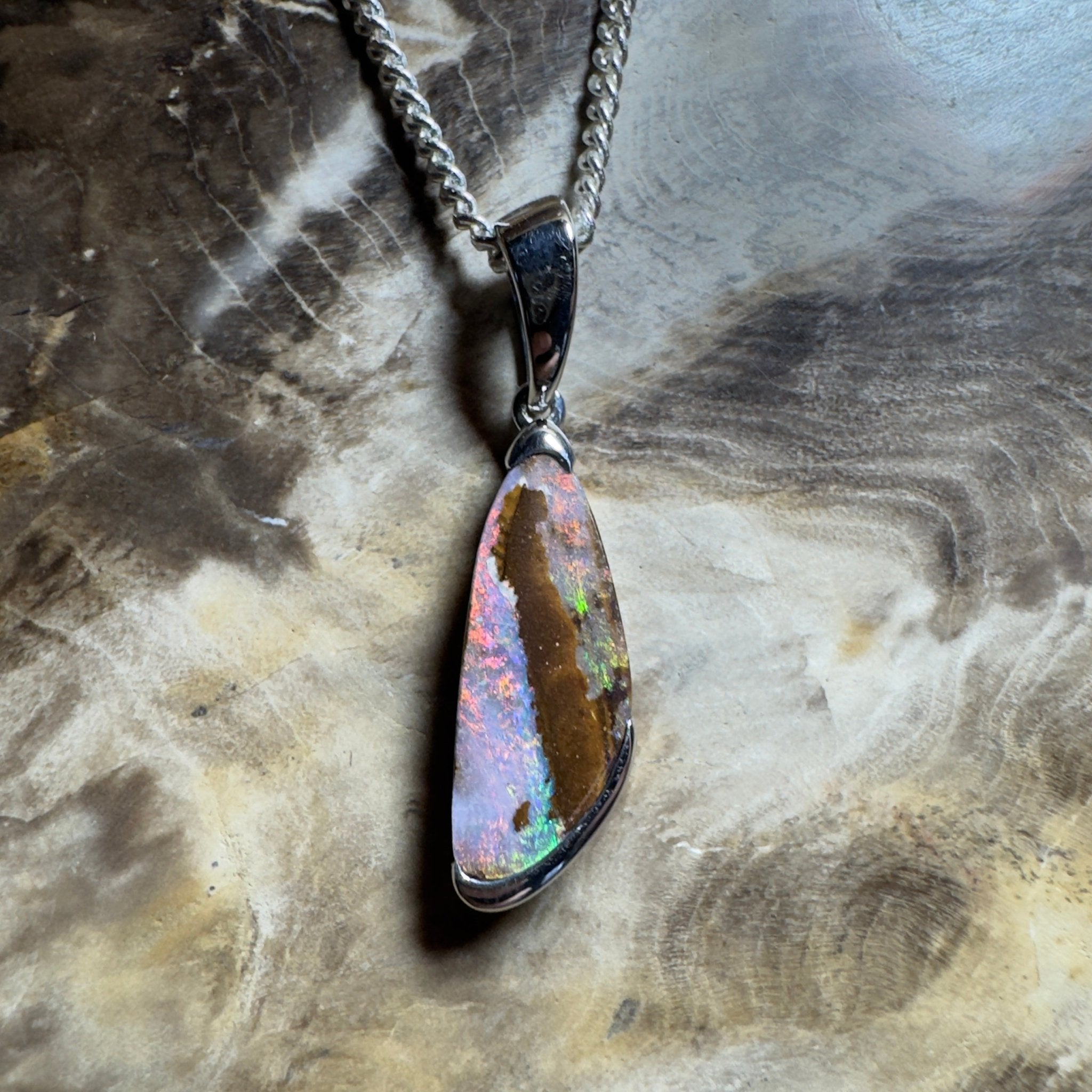 Mount Buffalo Blaze ~ Queensland Boulder Opal 925 Sterling Silver Pendant Necklace