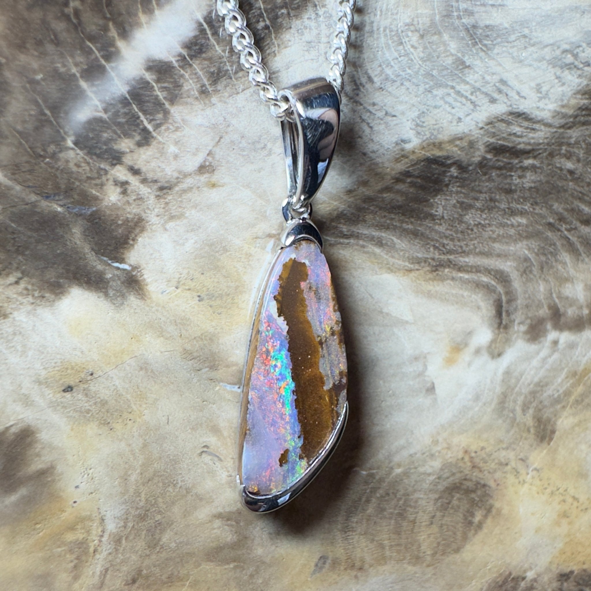 Mount Buffalo Blaze ~ Queensland Boulder Opal 925 Sterling Silver Pendant Necklace
