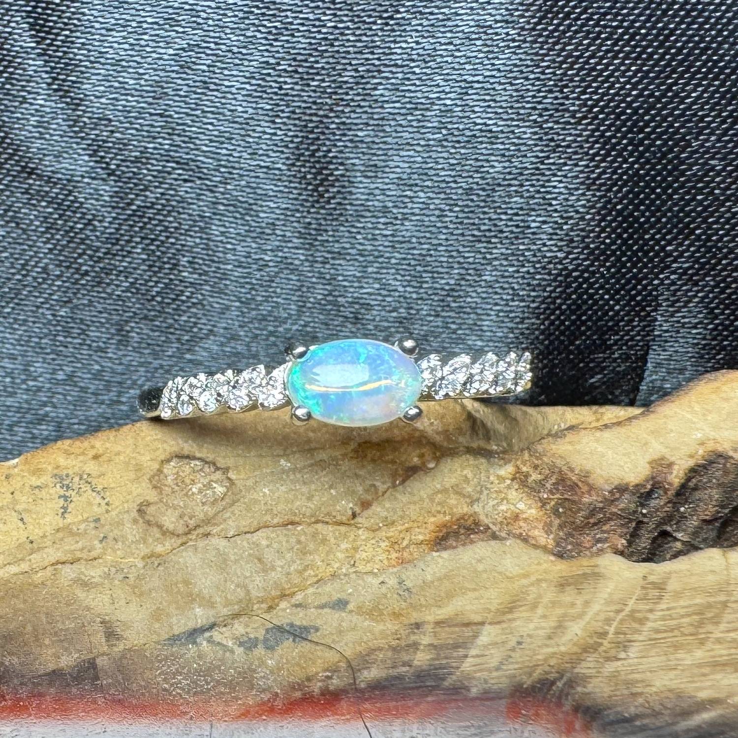 Murray River Whisper ~ 0.6ct Solid Lightning Ridge Opal and Cubic Zirconia 925 Silver Ring