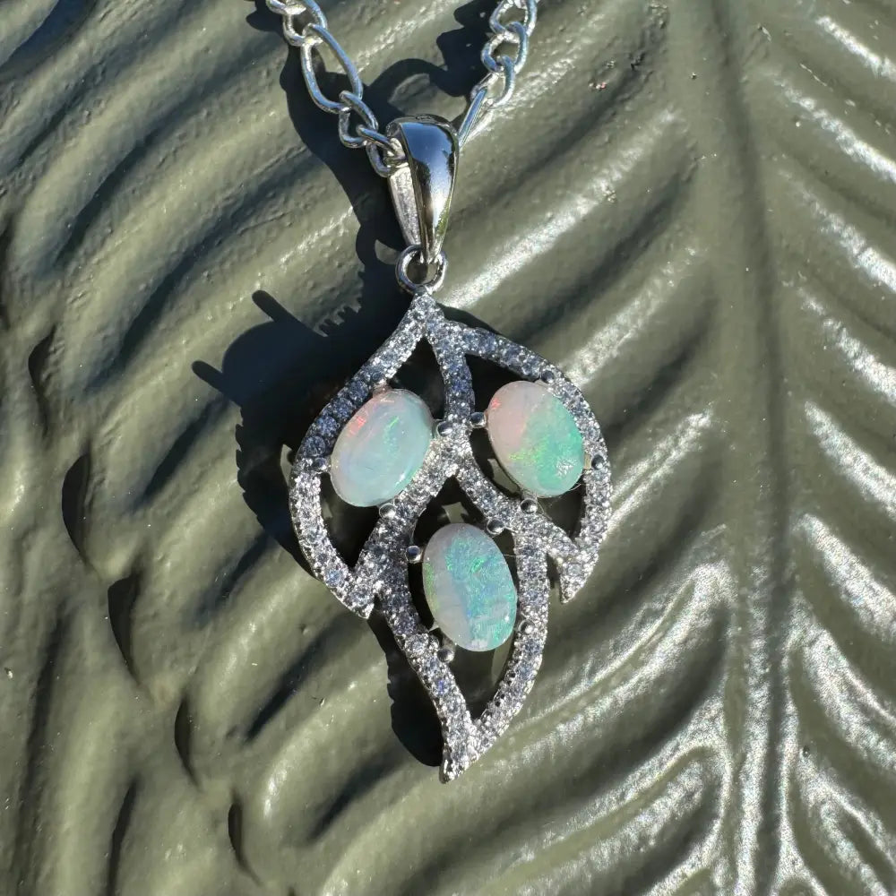 Opal and diamond leaf pendant necklace from New Leaf handcrafted sterling silver jewelry