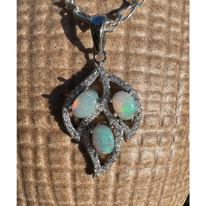 Silver leaf pendant with three Opals and Cubic Zirconia in 925 Sterling Silver