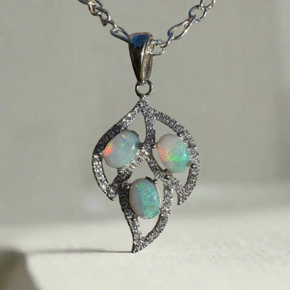Silver Opal Pendant Necklace featuring Handcrafted Lightning Ridge Opal and Sterling Silver Leaf Design