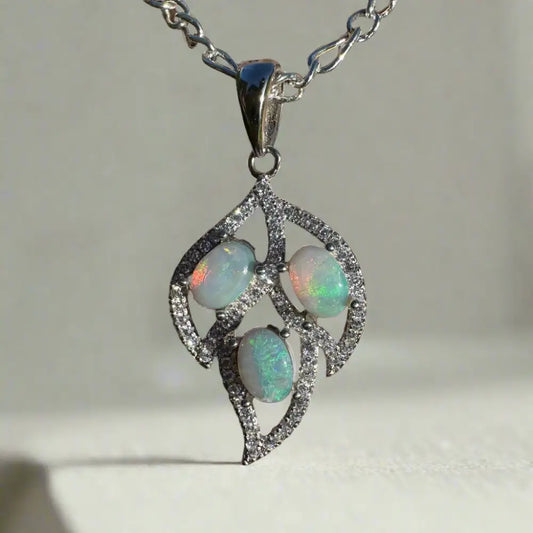 Silver Opal Pendant Necklace featuring Handcrafted Lightning Ridge Opal and Sterling Silver Leaf Design