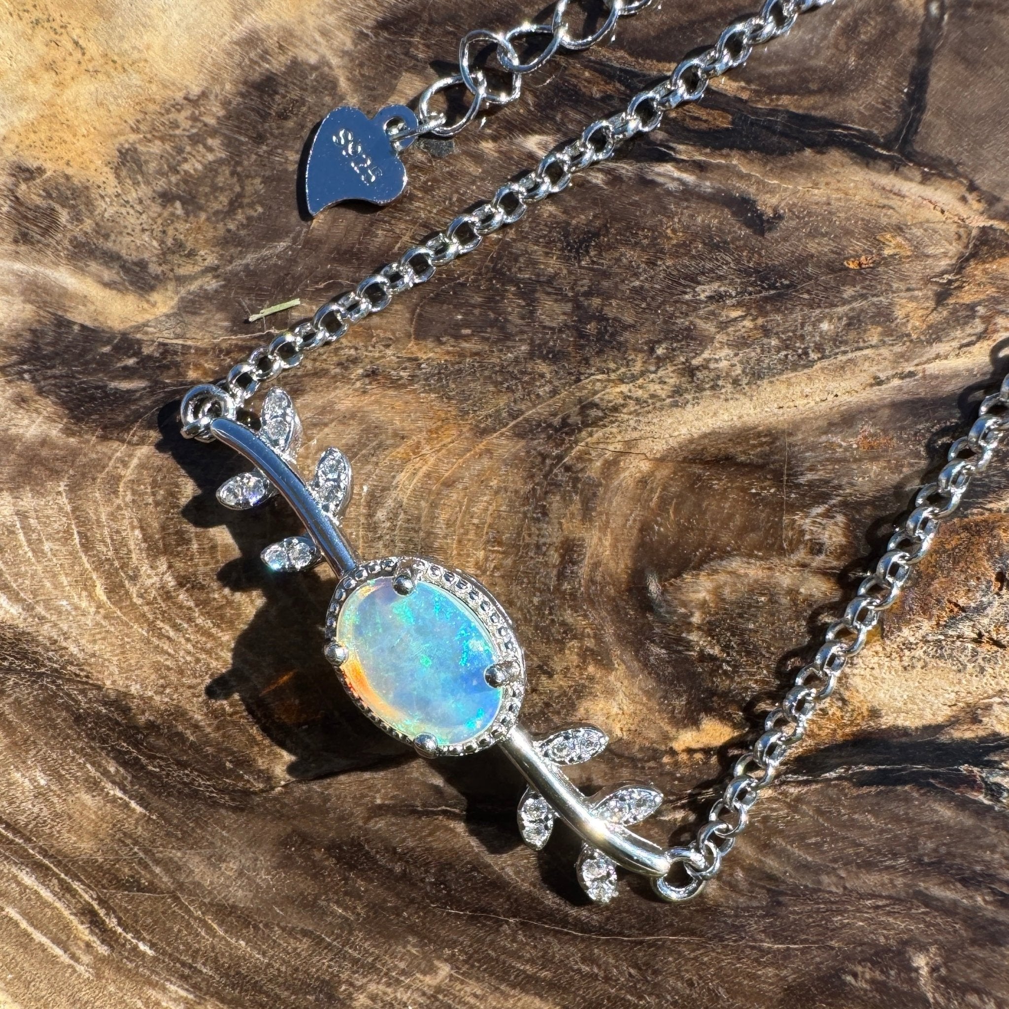 Ningaloo Skyfall ~ 0.8ct Solid Lightning Ridge Opal and Cubic Zirconia 925 Silver Bracelet