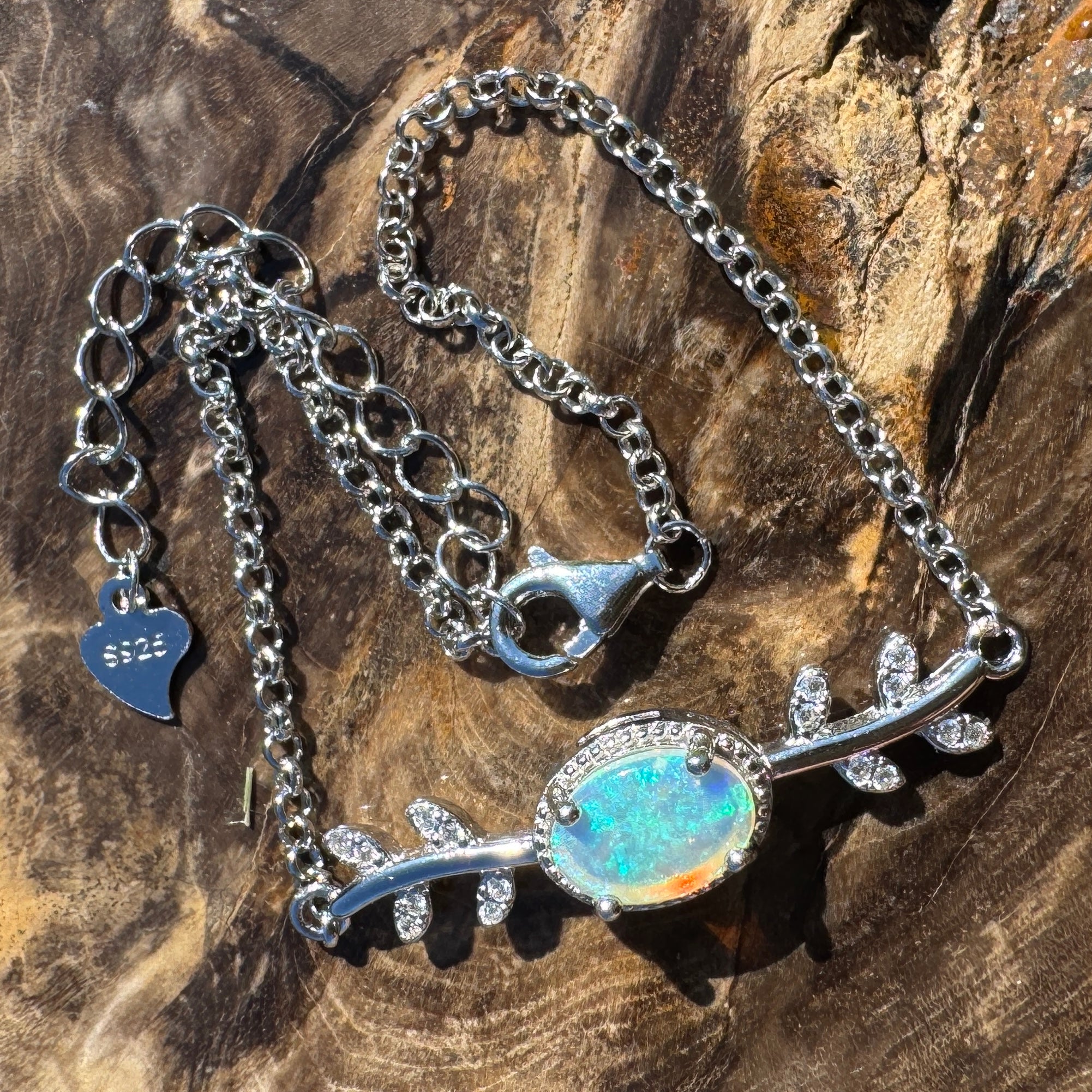 Ningaloo Skyfall ~ 0.8ct Solid Lightning Ridge Opal and Cubic Zirconia 925 Silver Bracelet