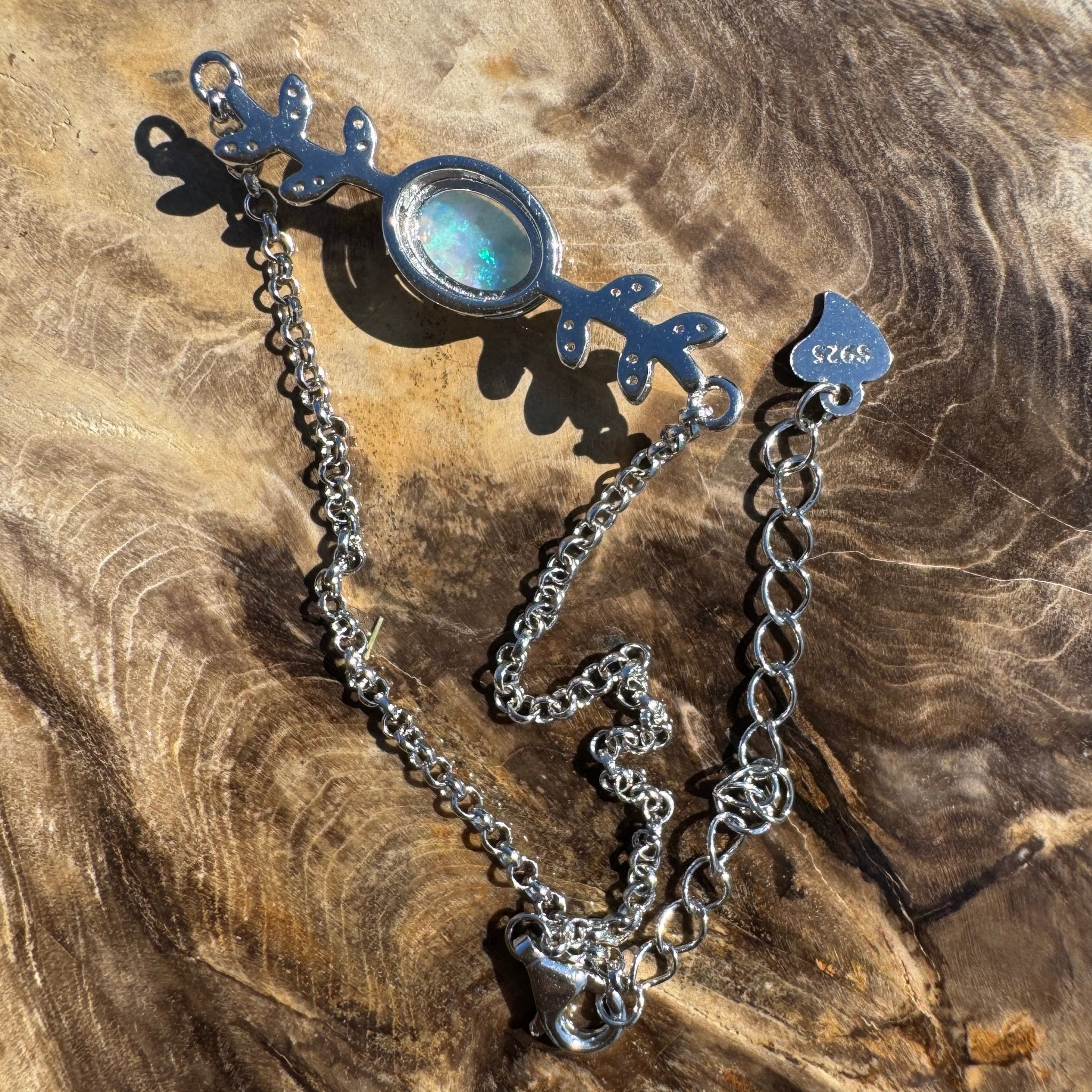 Ningaloo Skyfall ~ 0.8ct Solid Lightning Ridge Opal and Cubic Zirconia 925 Silver Bracelet