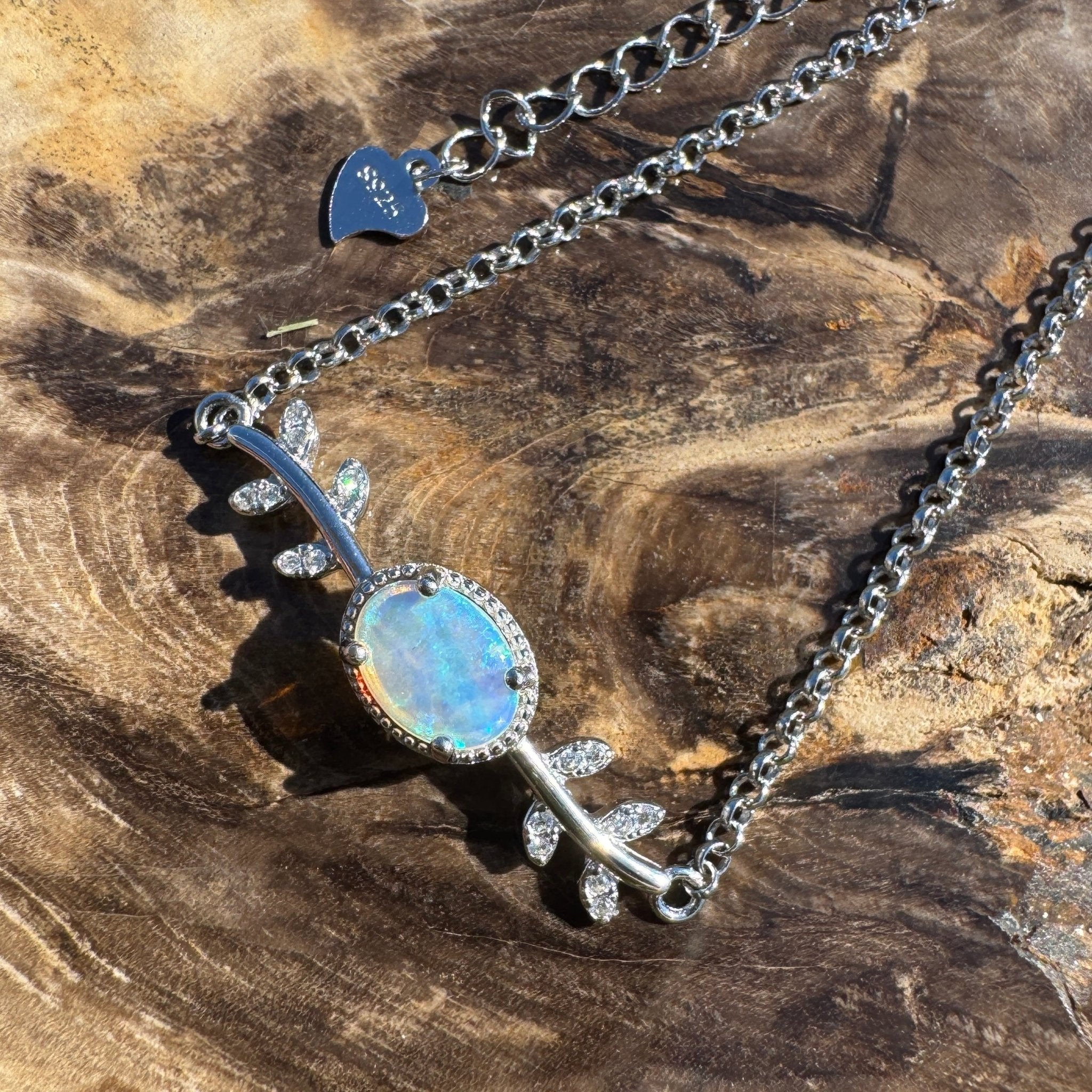 Ningaloo Skyfall ~ 0.8ct Solid Lightning Ridge Opal and Cubic Zirconia 925 Silver Bracelet