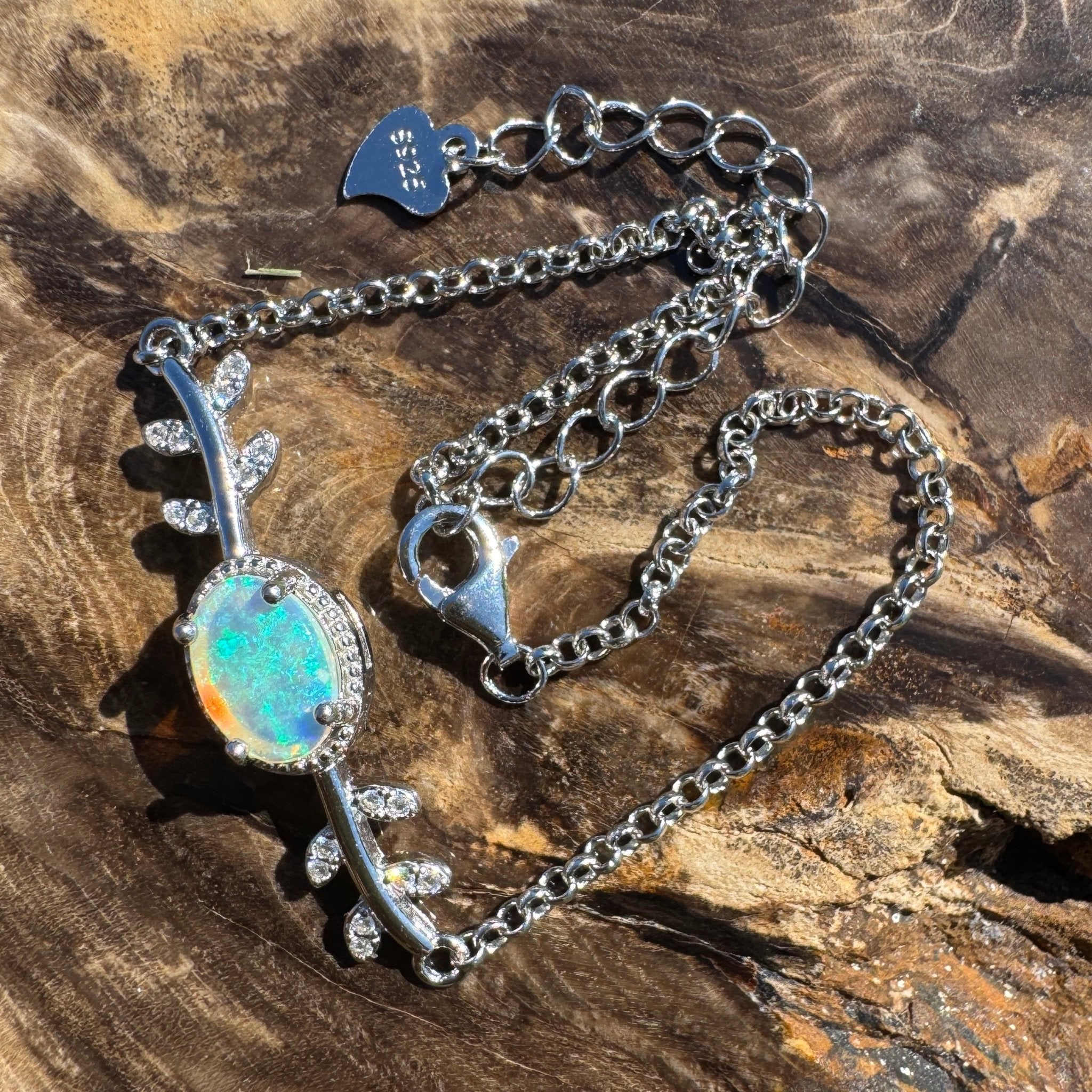 Ningaloo Skyfall ~ 0.8ct Solid Lightning Ridge Opal and Cubic Zirconia 925 Silver Bracelet