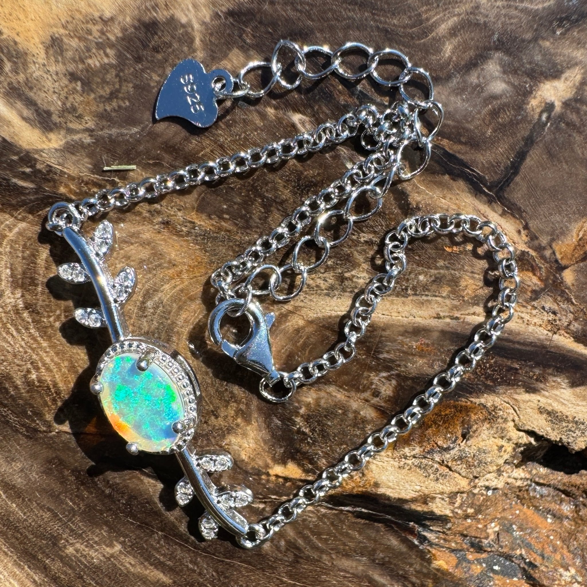 Ningaloo Skyfall ~ 0.8ct Solid Lightning Ridge Opal and Cubic Zirconia 925 Silver Bracelet