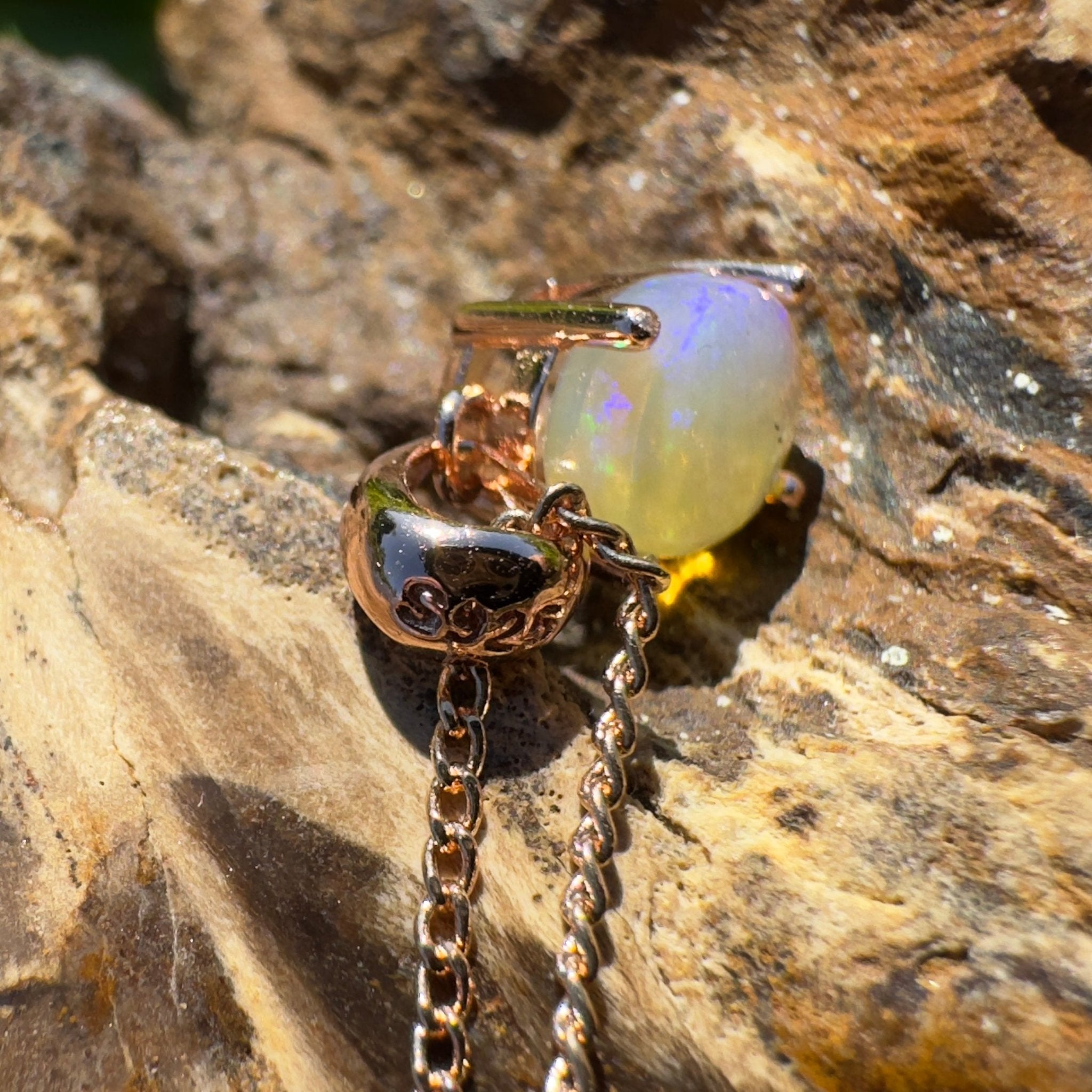 Noosa Dream Shore ~ 0.8ct Solid Lightning Ridge Crystal Opal Rose Gold Coated 925 Sterling Silver Pendant