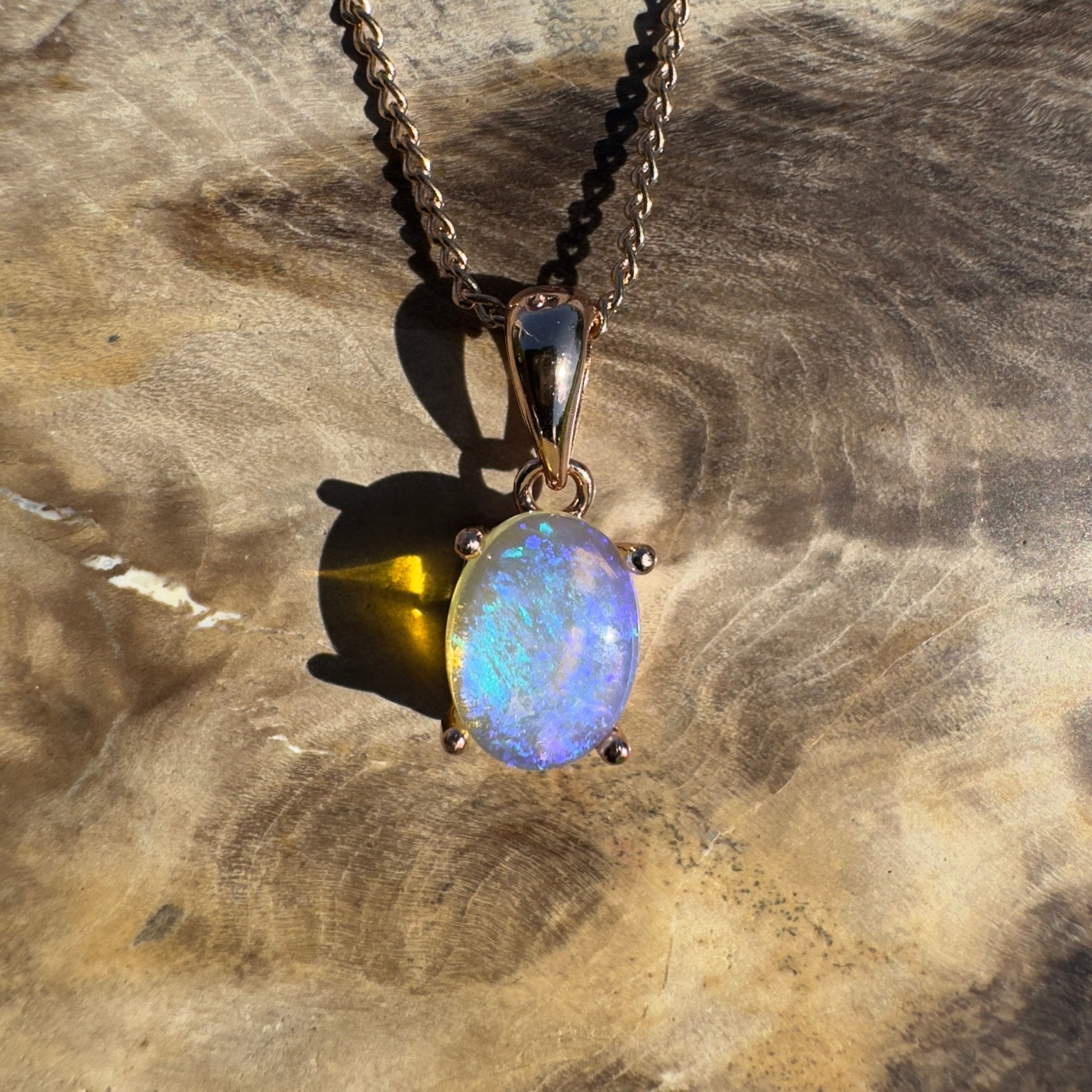 Noosa Dream Shore ~ 0.8ct Solid Lightning Ridge Crystal Opal Rose Gold Coated 925 Sterling Silver Pendant