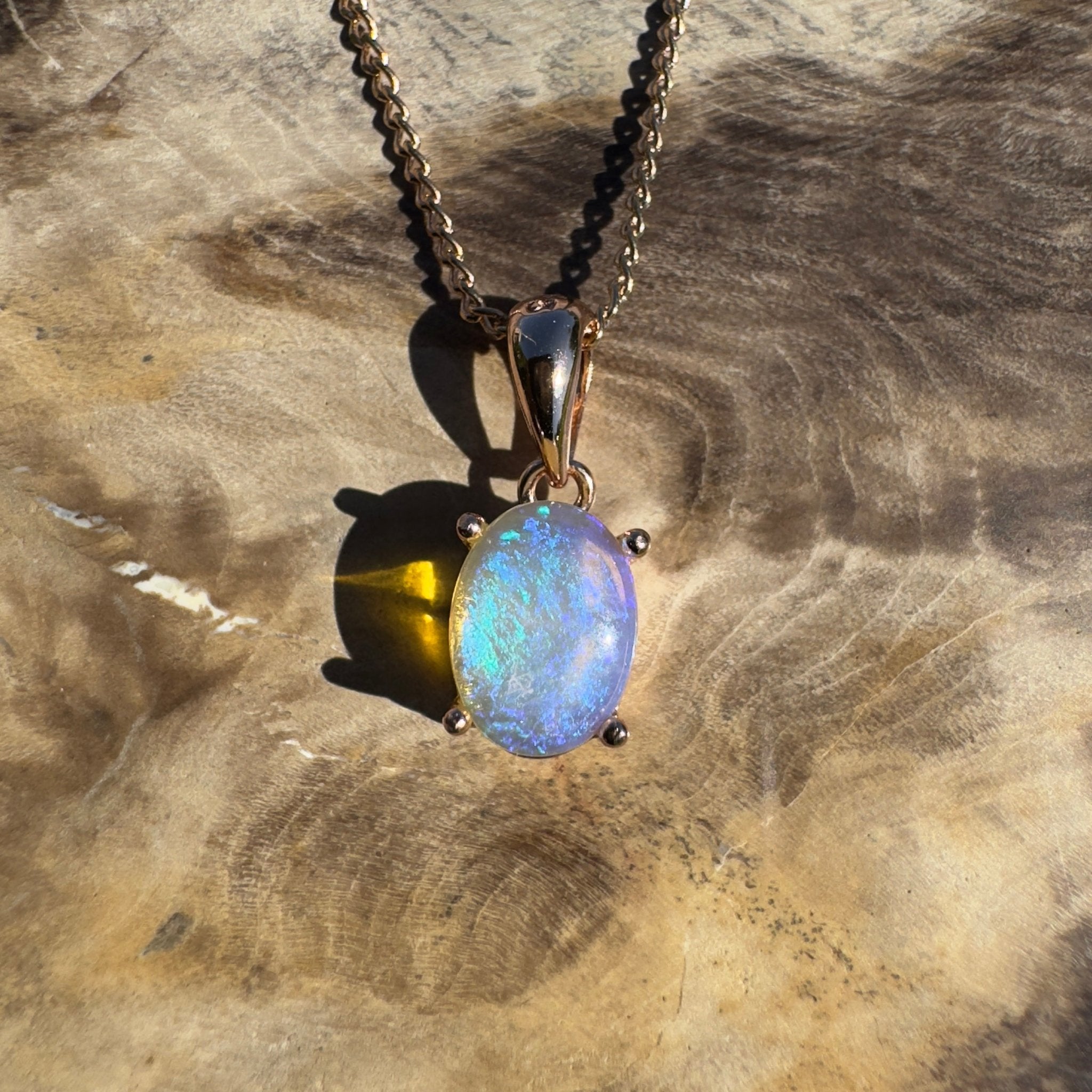 Noosa Dream Shore ~ 0.8ct Solid Lightning Ridge Crystal Opal Rose Gold Coated 925 Sterling Silver Pendant