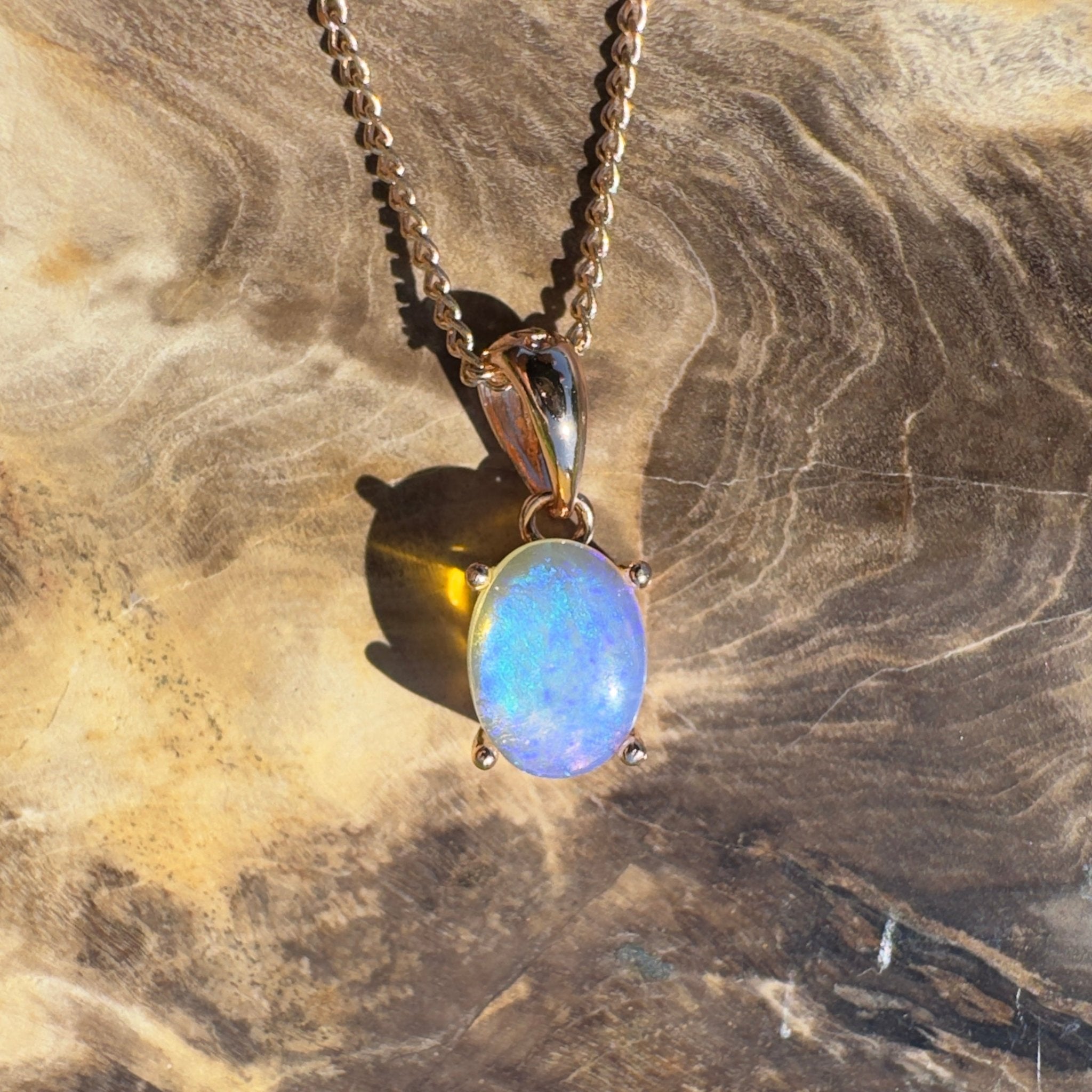 Noosa Dream Shore ~ 0.8ct Solid Lightning Ridge Crystal Opal Rose Gold Coated 925 Sterling Silver Pendant