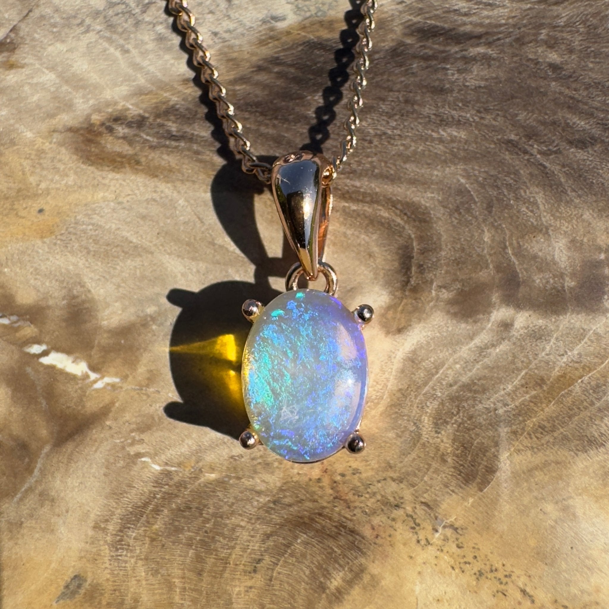 Noosa Dream Shore ~ 0.8ct Solid Lightning Ridge Crystal Opal Rose Gold Coated 925 Sterling Silver Pendant
