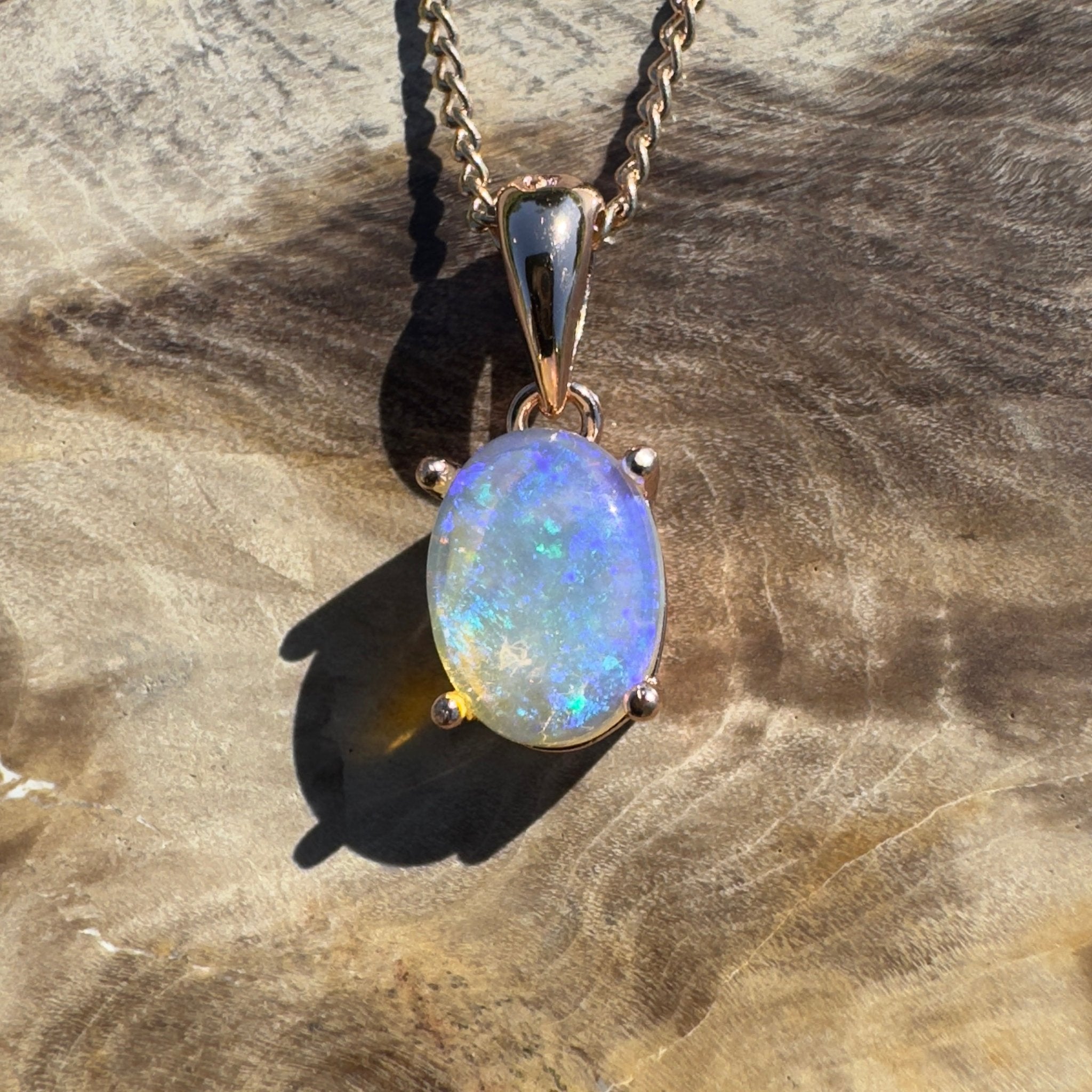 Noosa Dream Shore ~ 0.8ct Solid Lightning Ridge Crystal Opal Rose Gold Coated 925 Sterling Silver Pendant
