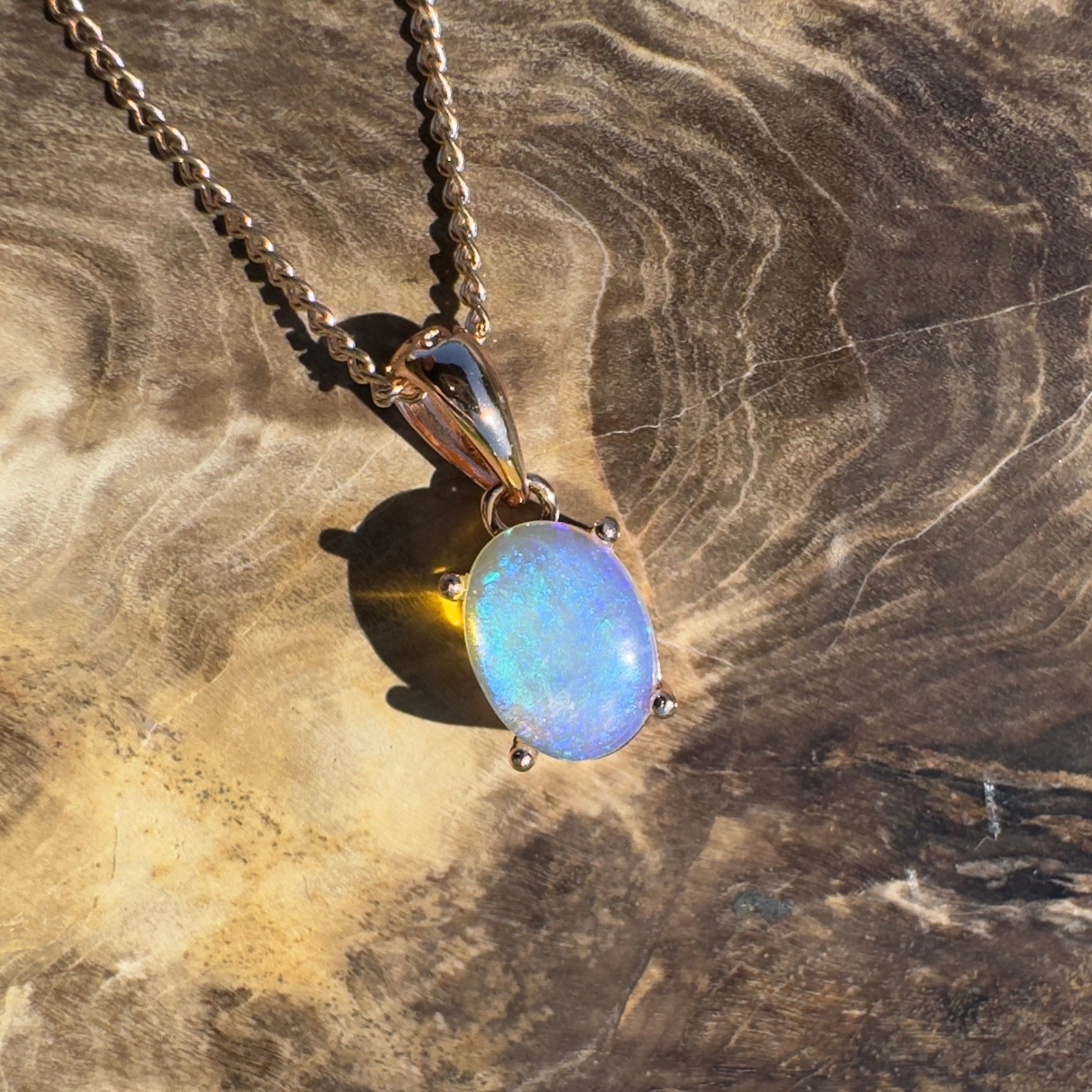 Noosa Dream Shore ~ 0.8ct Solid Lightning Ridge Crystal Opal Rose Gold Coated 925 Sterling Silver Pendant