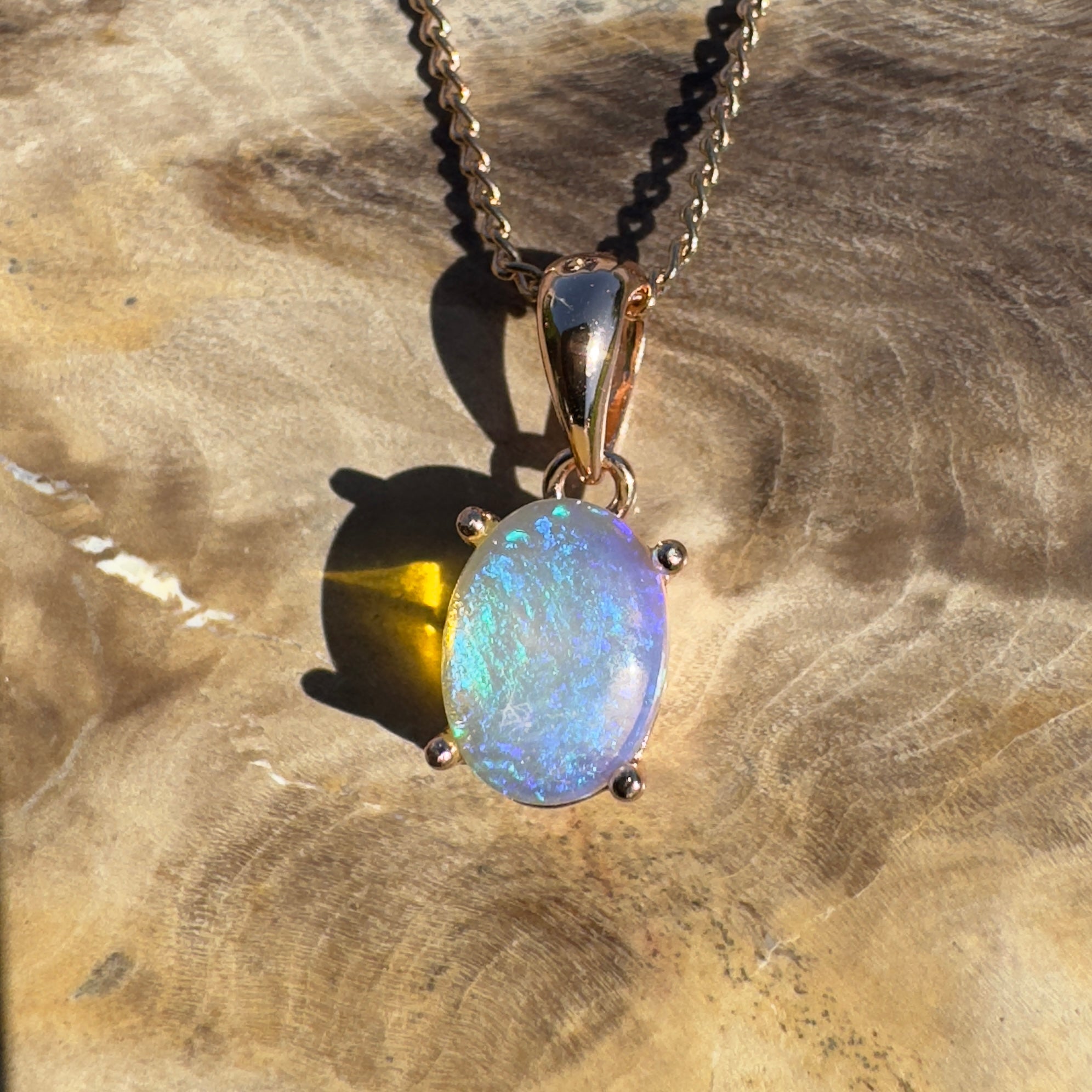 Noosa Dream Shore ~ 0.8ct Solid Lightning Ridge Crystal Opal Rose Gold Coated 925 Sterling Silver Pendant