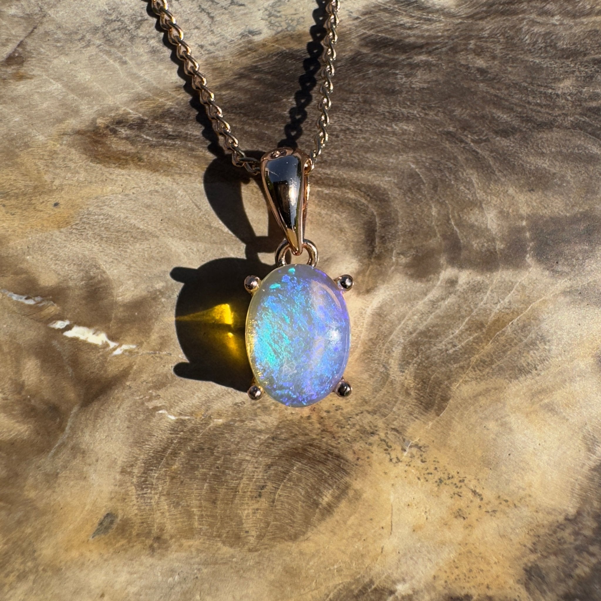 Noosa Dream Shore ~ 0.8ct Solid Lightning Ridge Crystal Opal Rose Gold Coated 925 Sterling Silver Pendant