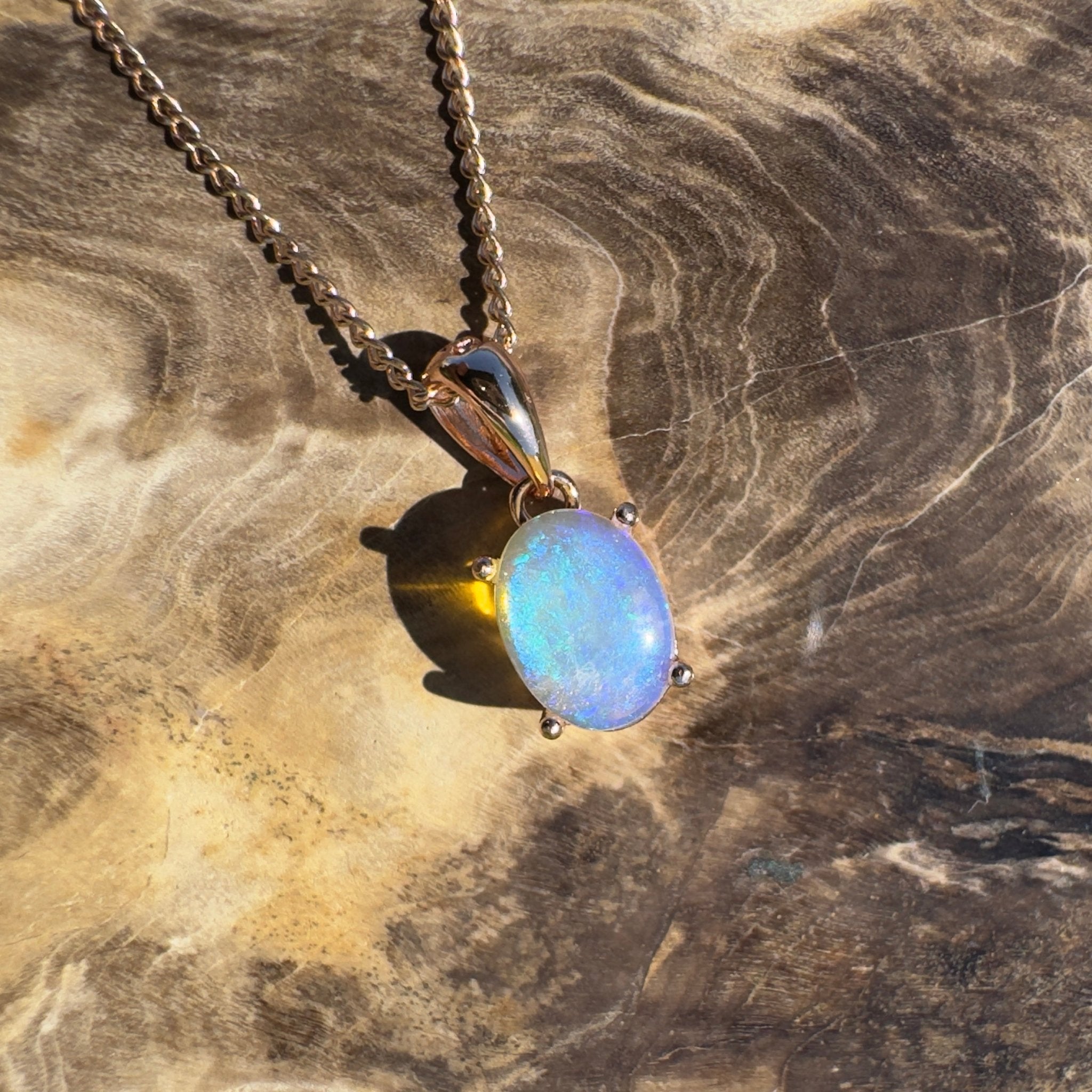 Noosa Dream Shore ~ 0.8ct Solid Lightning Ridge Crystal Opal Rose Gold Coated 925 Sterling Silver Pendant