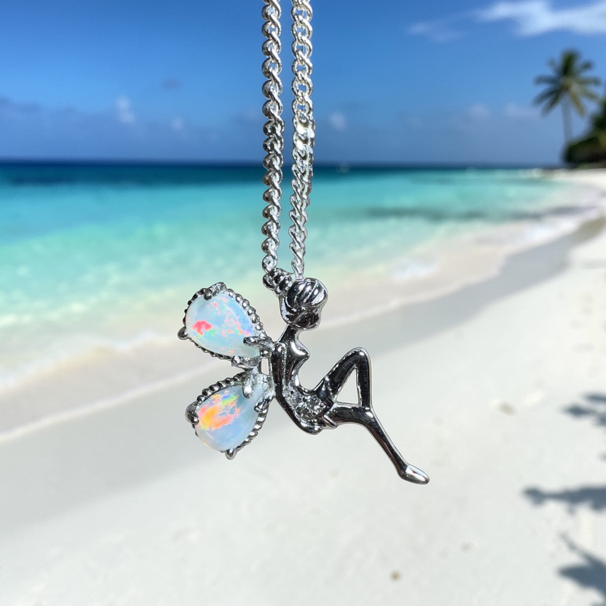Noosa Morning Light Fairy – 0.8ct Coober Pedy Opal 925 Silver Fairy Pendant