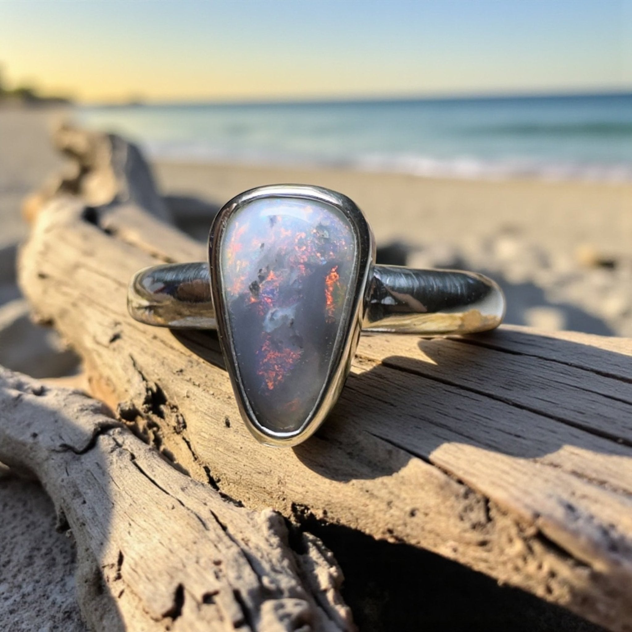 Noosa Nights ~ 1.6ct Solid Lightning Ridge Semi Black Opal 925 Silver Ring