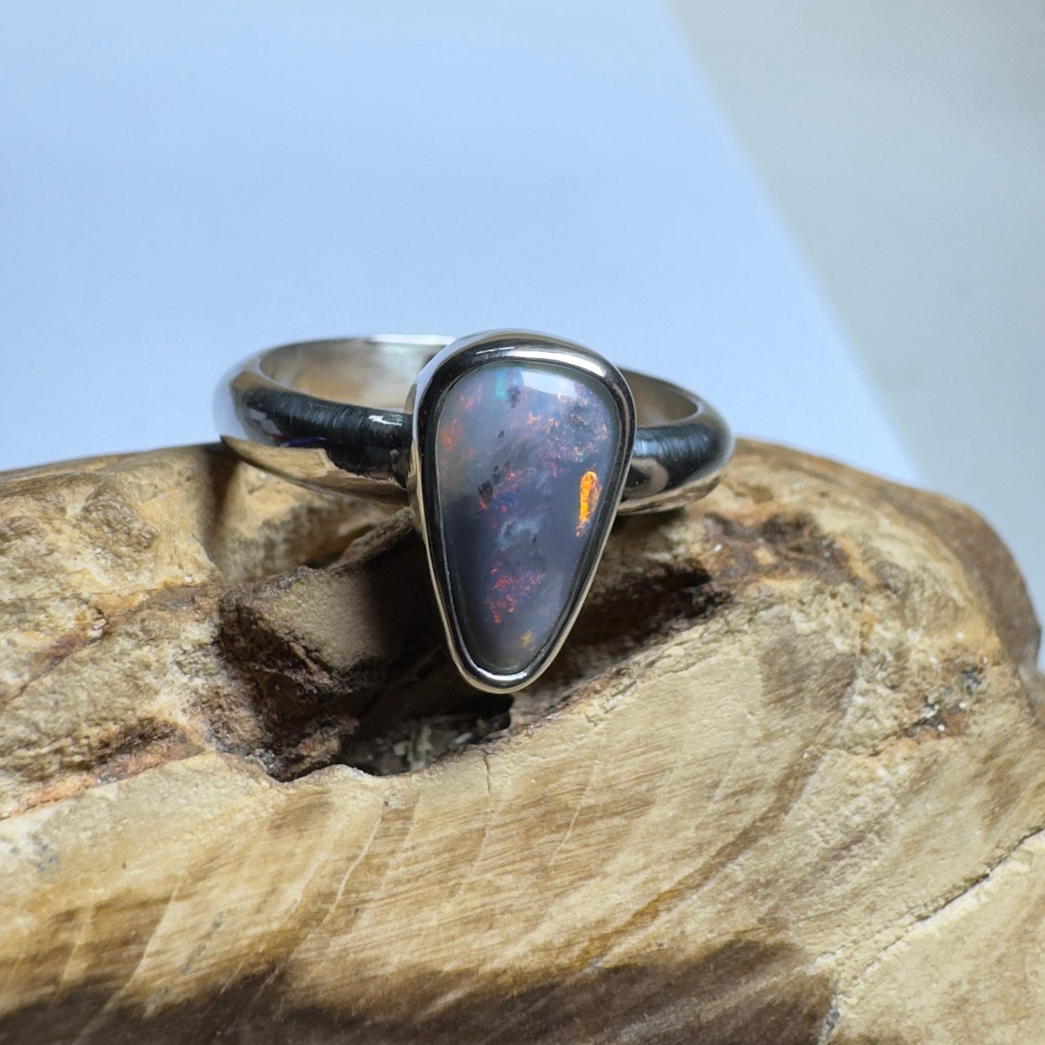 Noosa Nights ~ 1.6ct Solid Lightning Ridge Semi Black Opal 925 Silver Ring